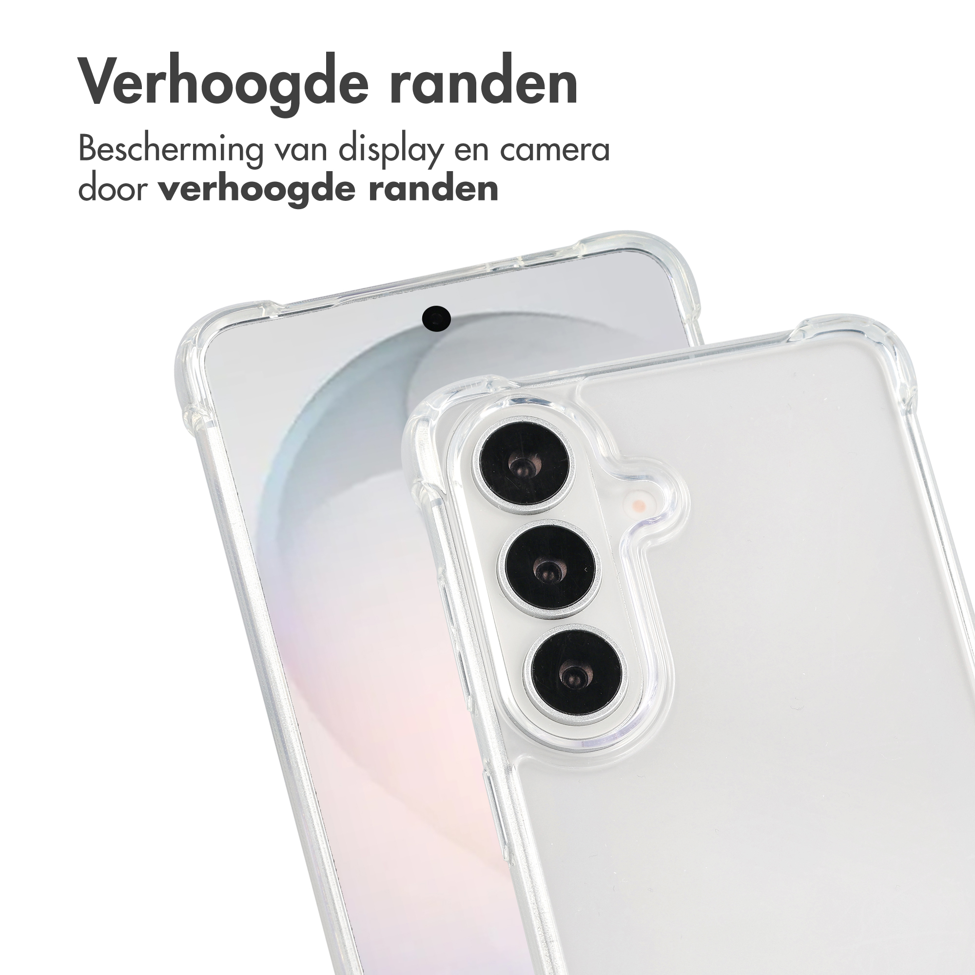 Doorzichtige telefoonhoes met verhoogde randen voor camera- en displaybescherming.