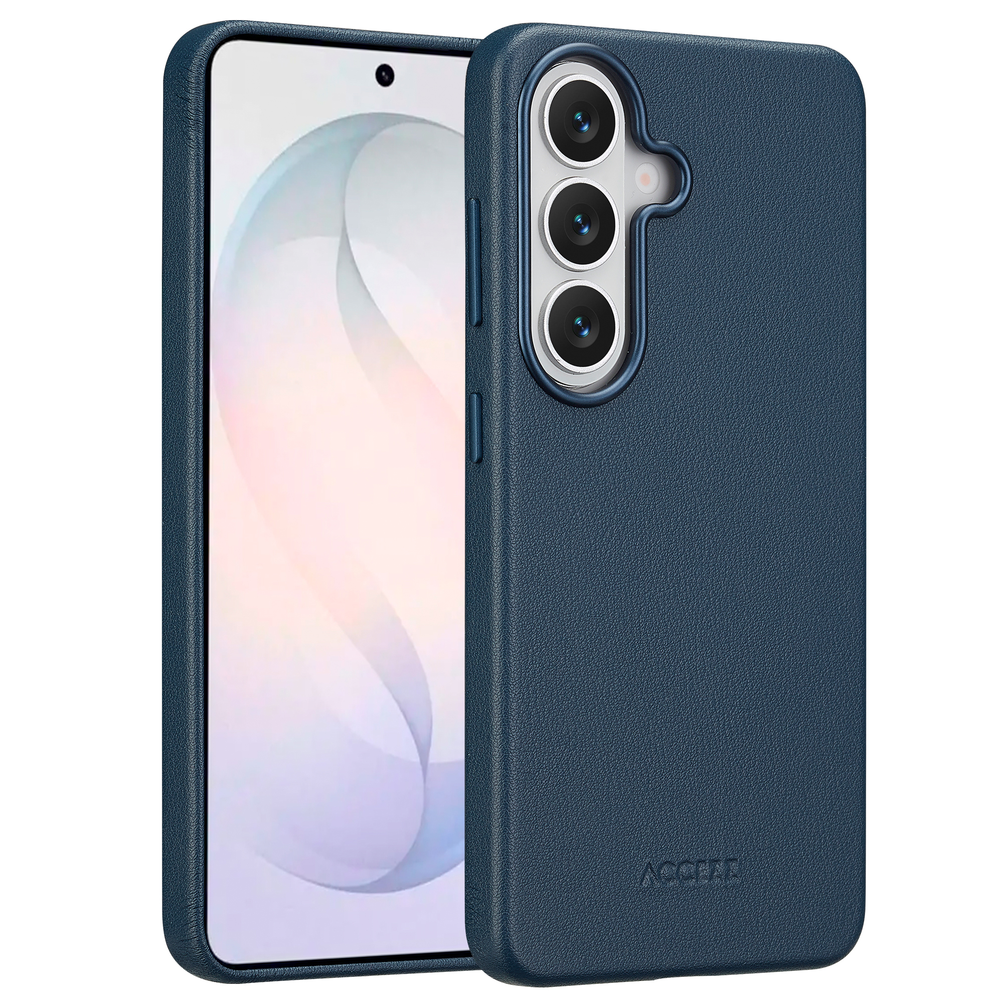 Donkerblauwe telefoonhoes met drie cameralenzen en een logo.