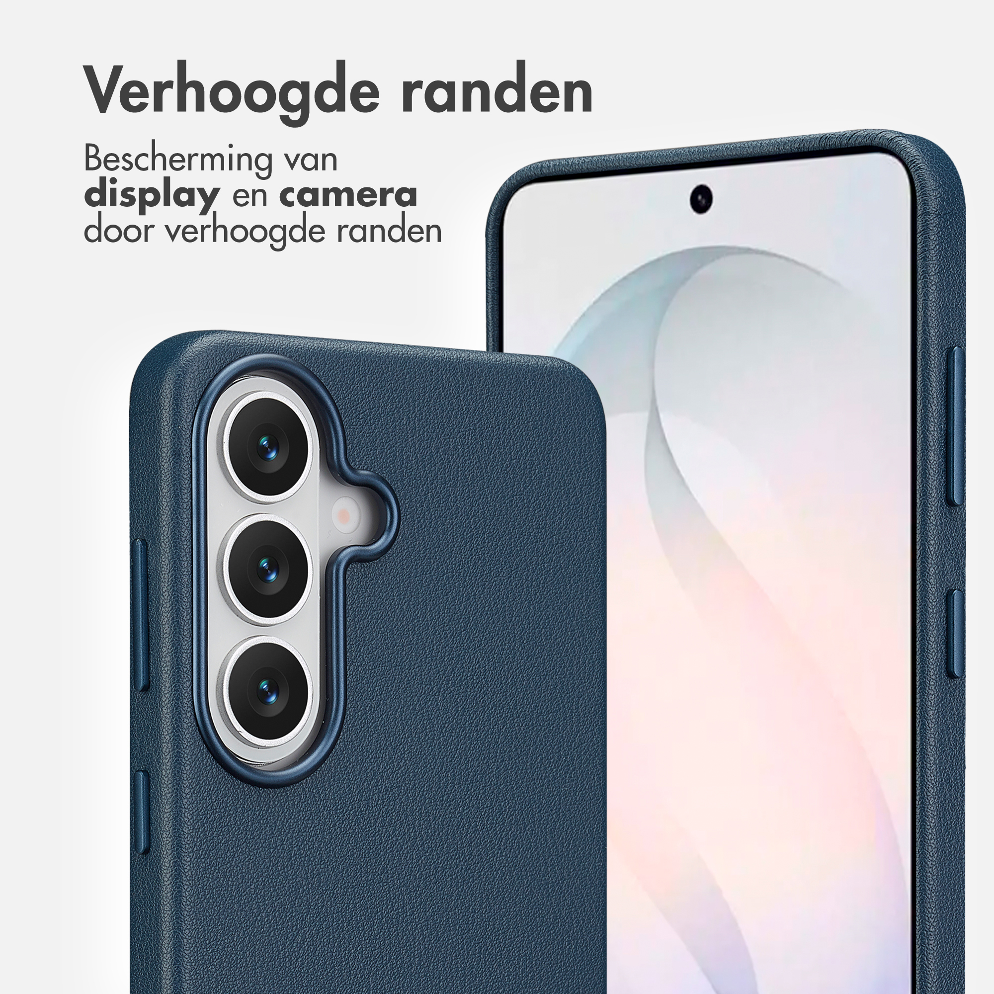 Een donkerblauwe telefoonhoes met verhoogde randen voor camera en display.