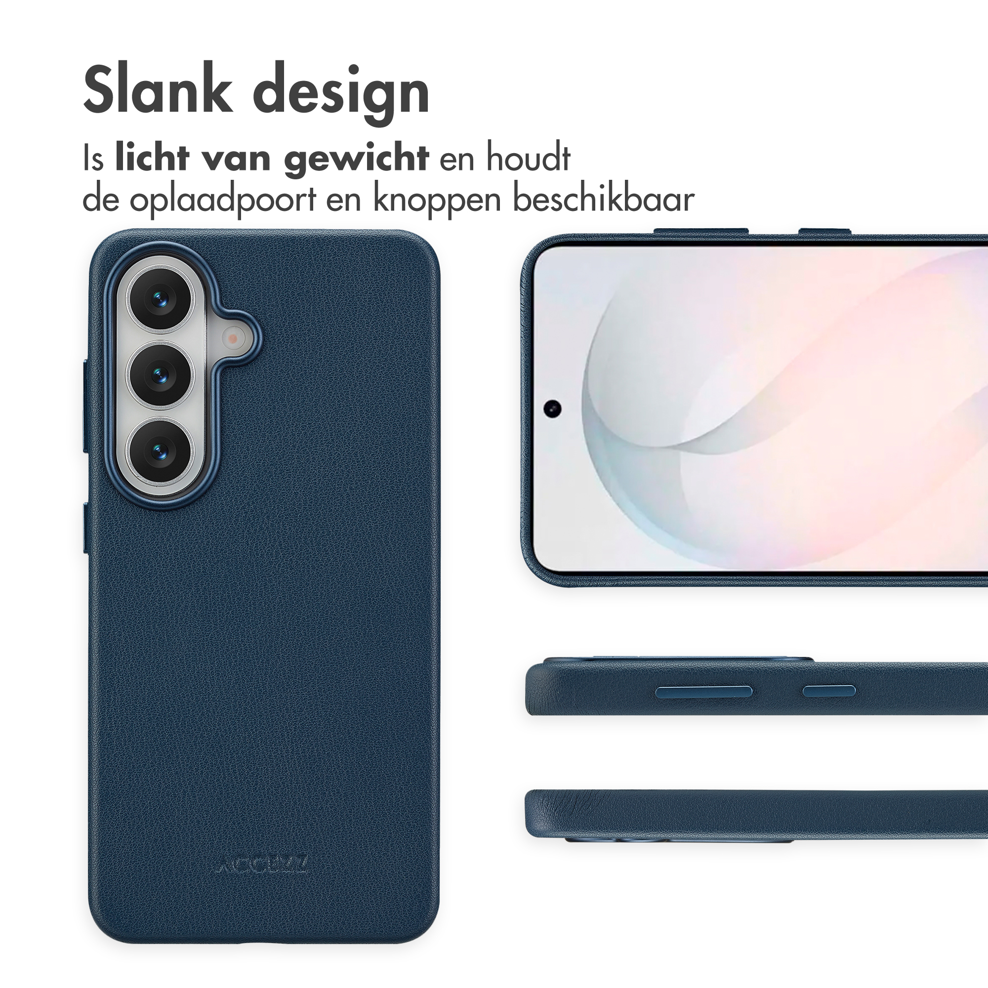 Donkerblauwe telefoonhoes met slank design en camera-uitsparing.