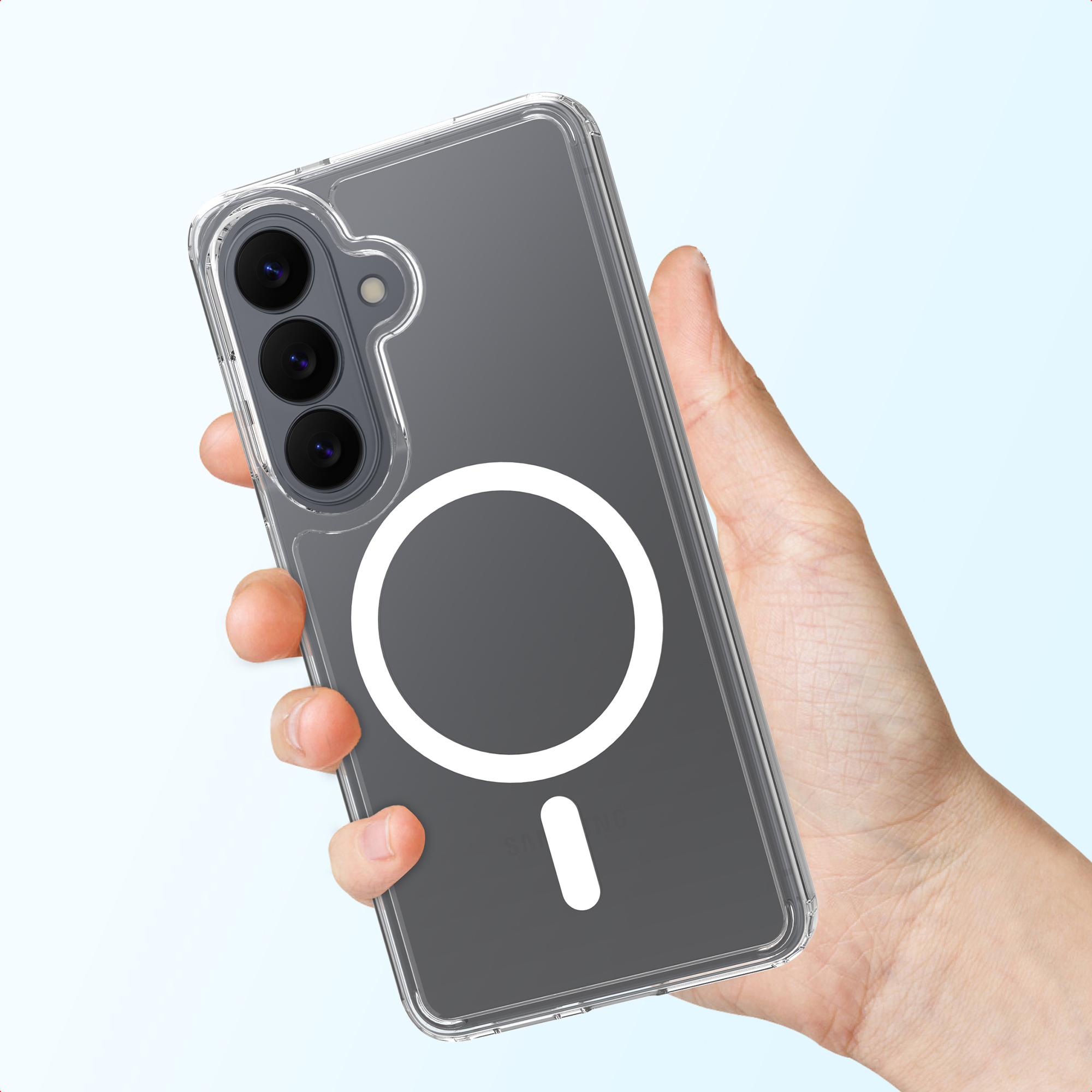 Mano che tiene un telefono trasparente con fotocamere e cerchio bianco.