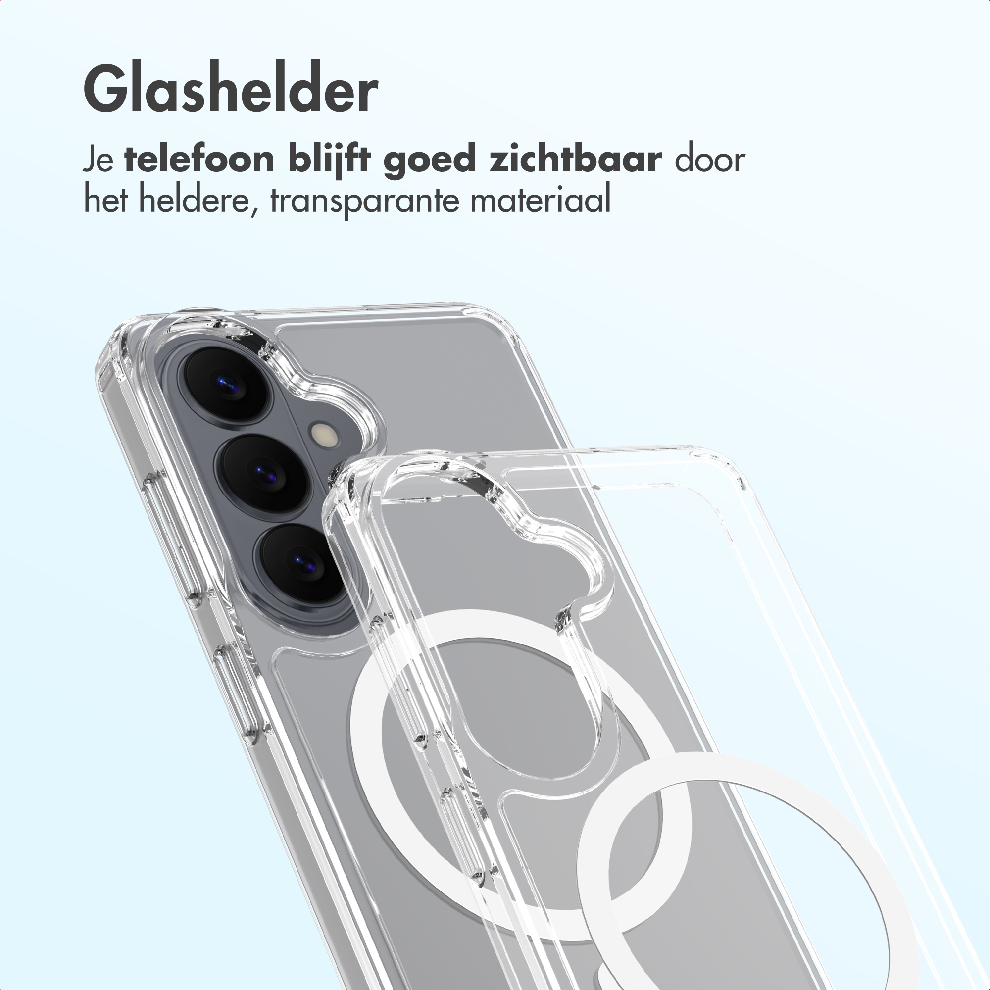 Custodia trasparente per telefono con array fotocamera e anello magnetico.