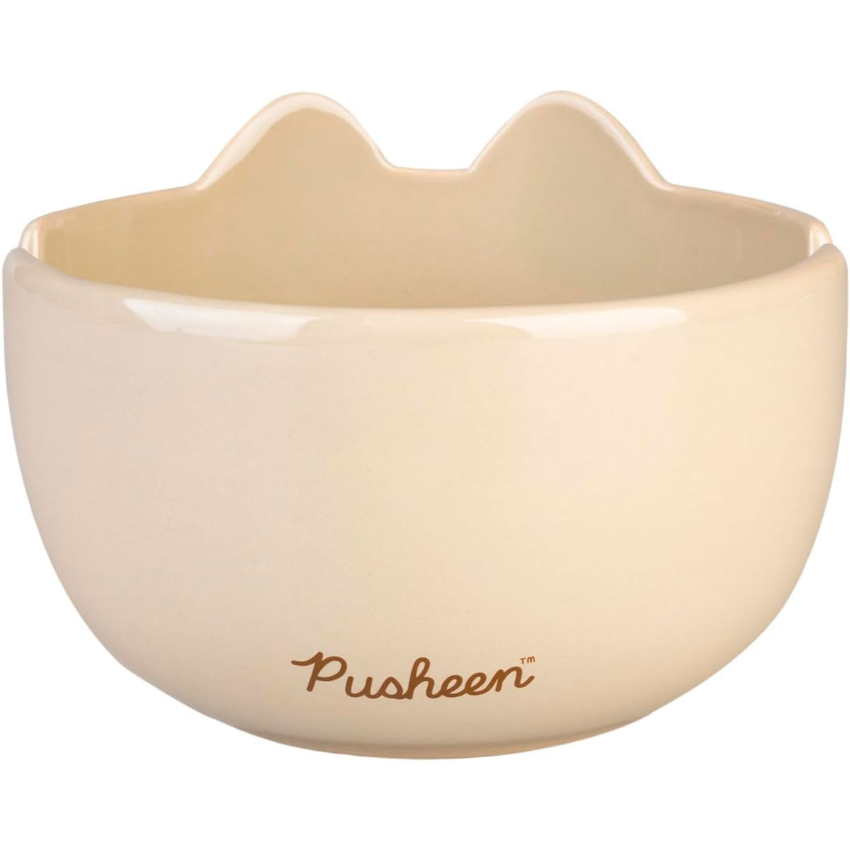 Un cuenco color crema con orejas de gato y el logo de Pusheen.