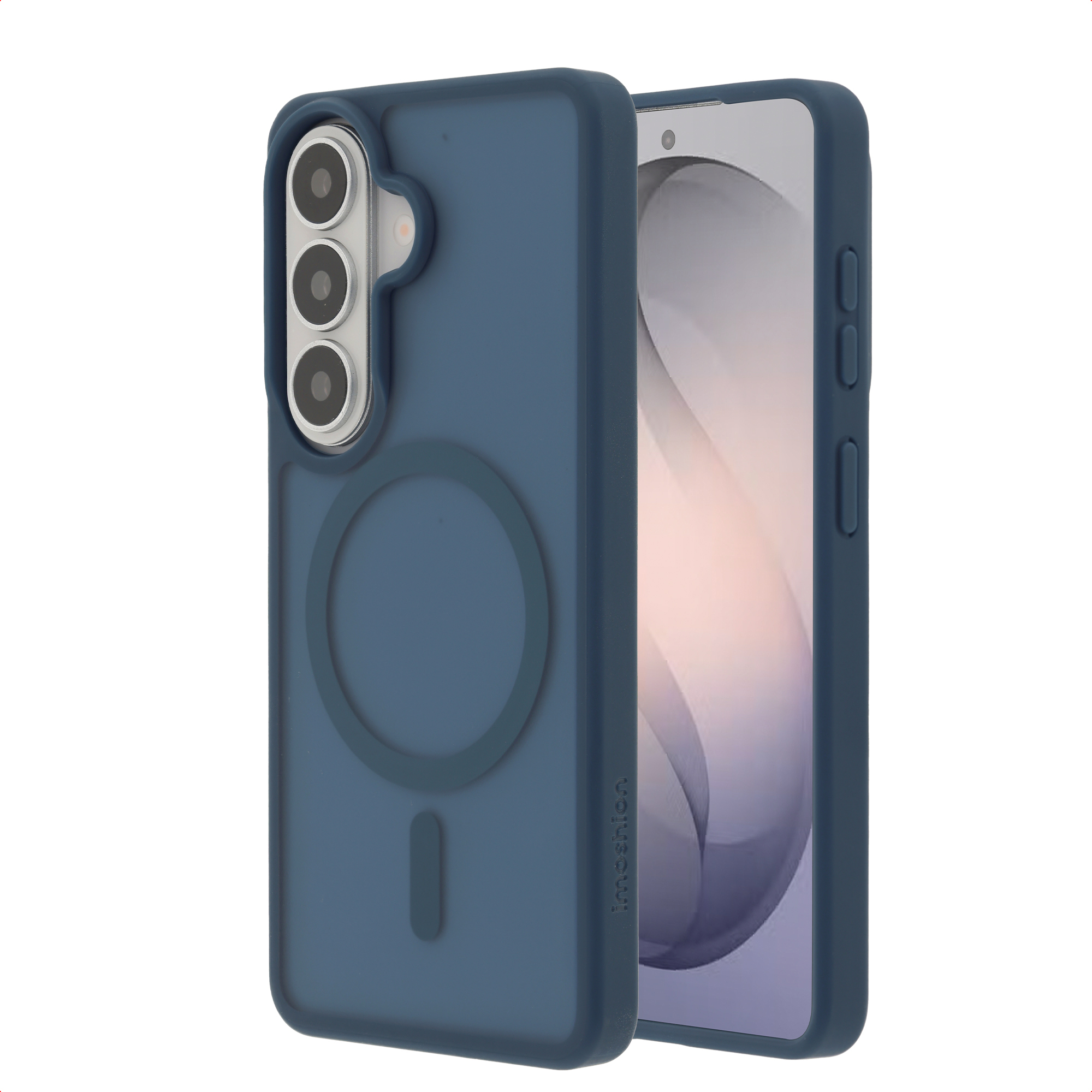 Donkerblauwe telefoonhoes met cameramodule en magneetring.
