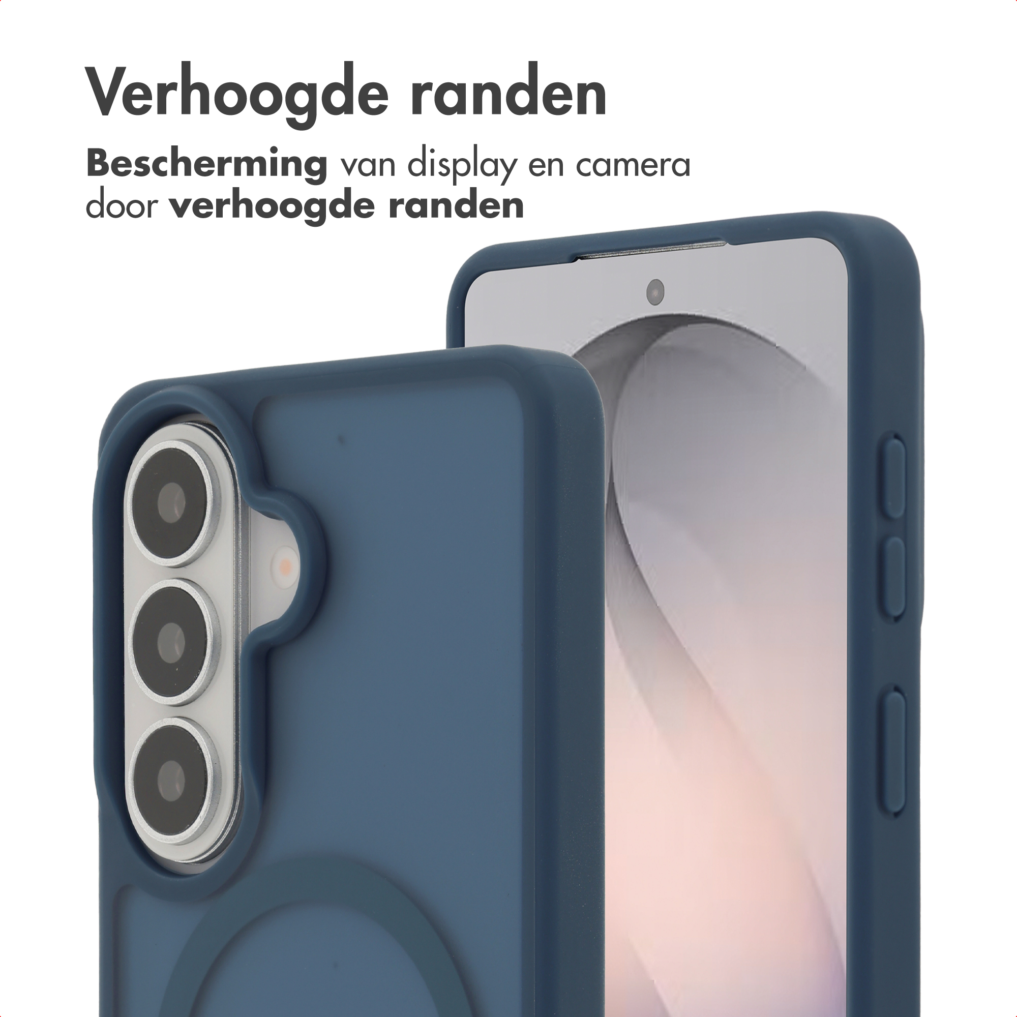 Blauwe telefoonhoes toont cameramodule en verhoogde randen.