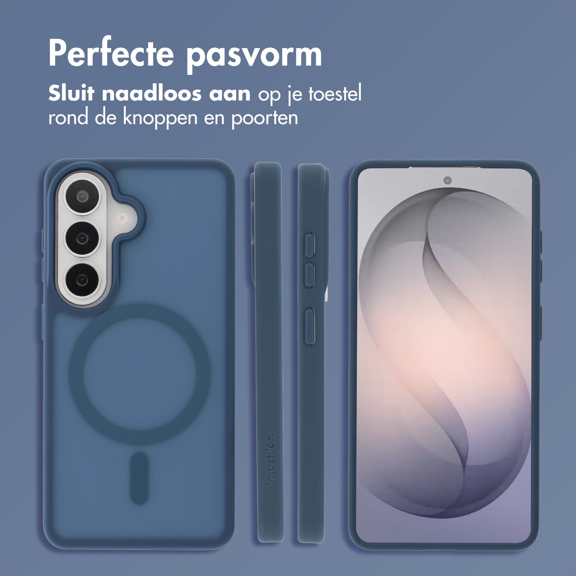 Blauw telefoonhoesje met perfecte pasvorm en MagSafe ring.