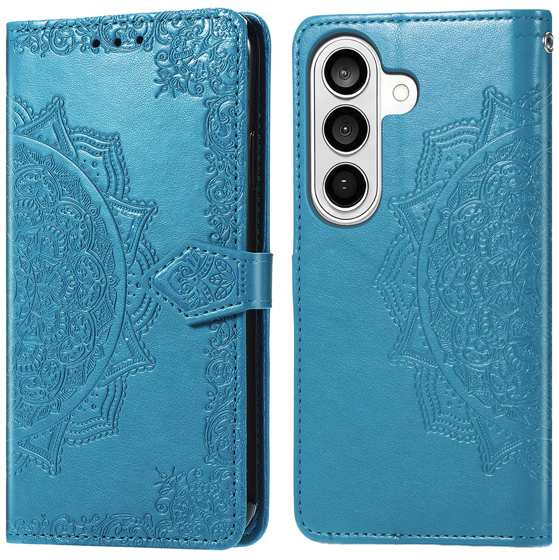 Turquoise telefoonhoes met reliëf mandala, open en gesloten.