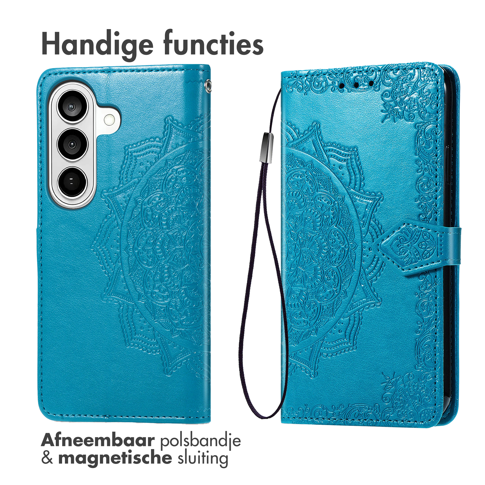 Een blauwe telefoonhoes met mandalapatroon, camera's en riempje.