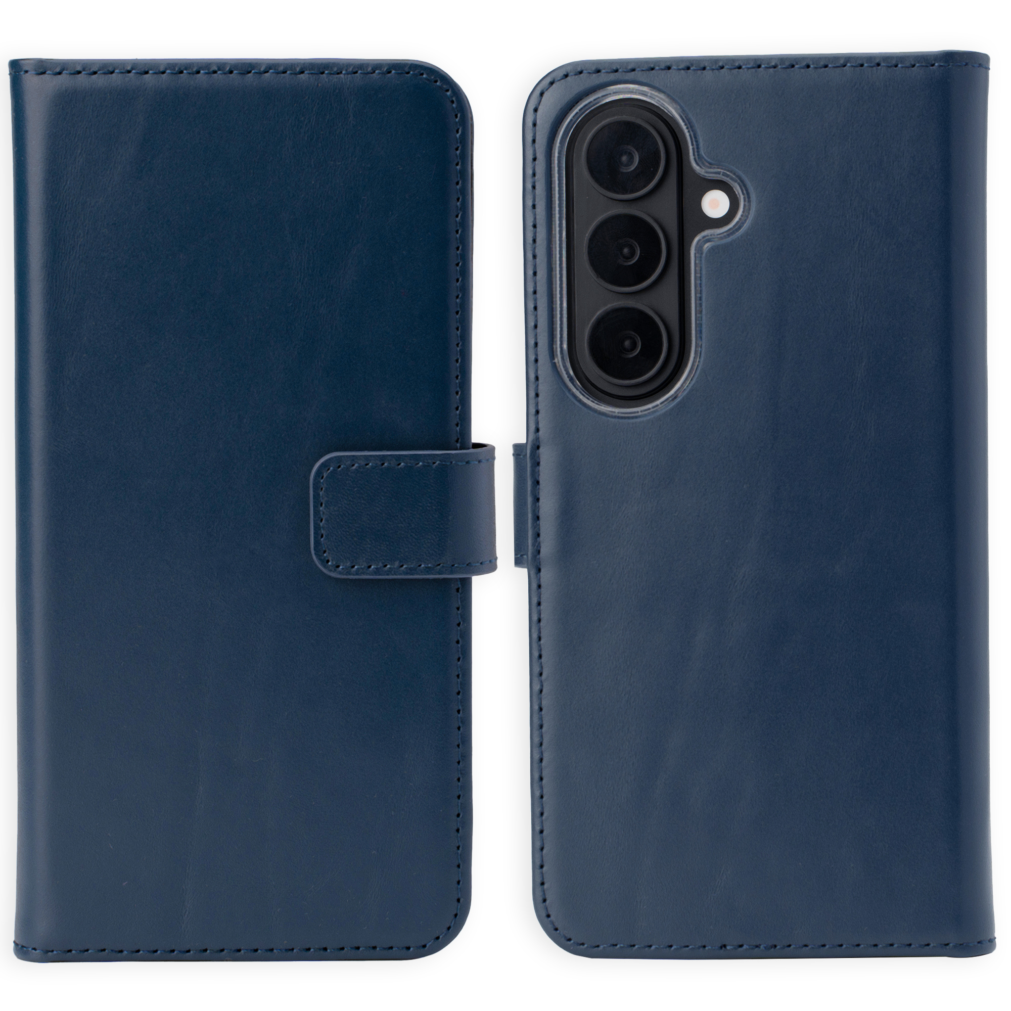 Donkerblauwe telefoonhoes in boekstijl met camera-uitsparing rechts.