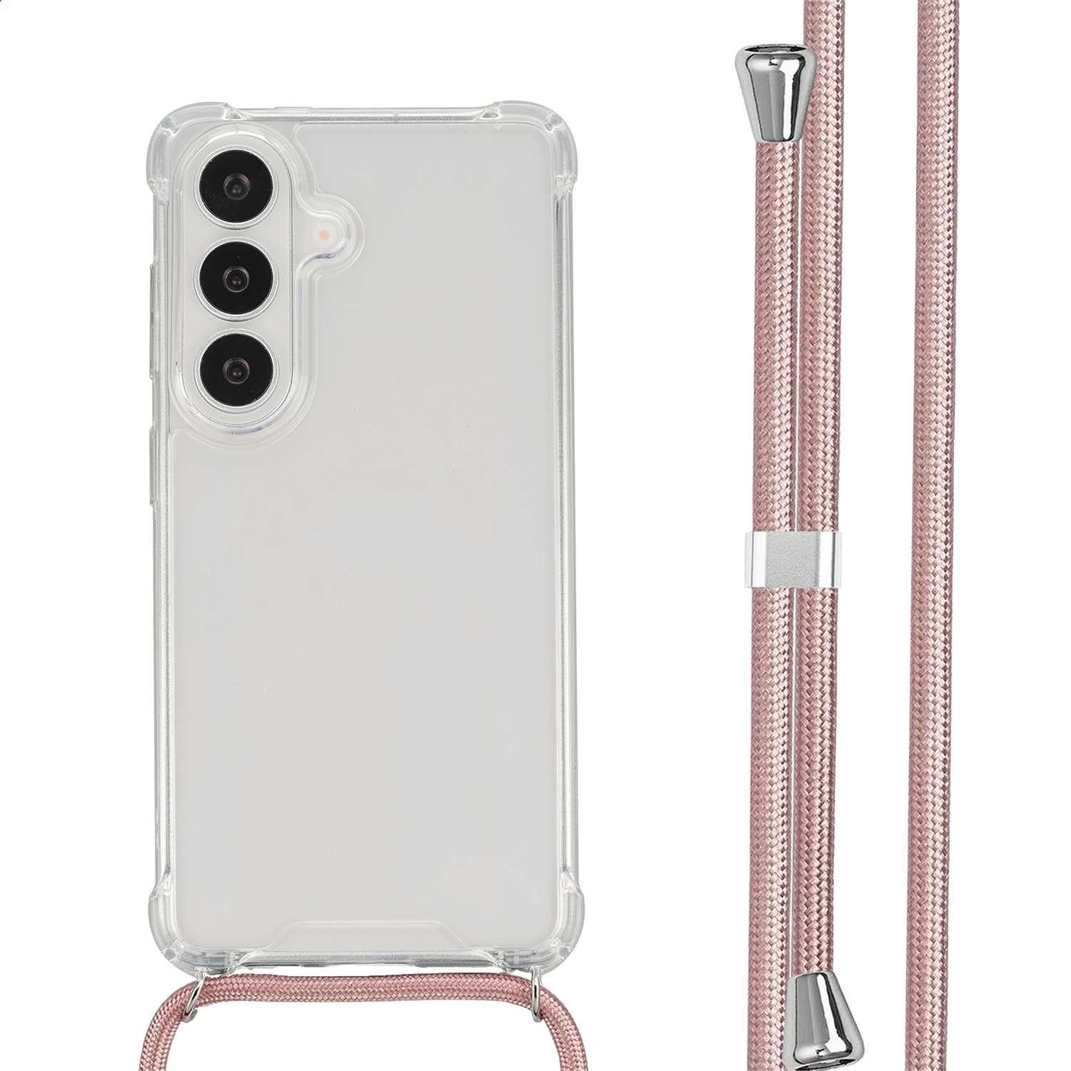 Doorzichtige telefoonhoes met drie camera's en roze koord.