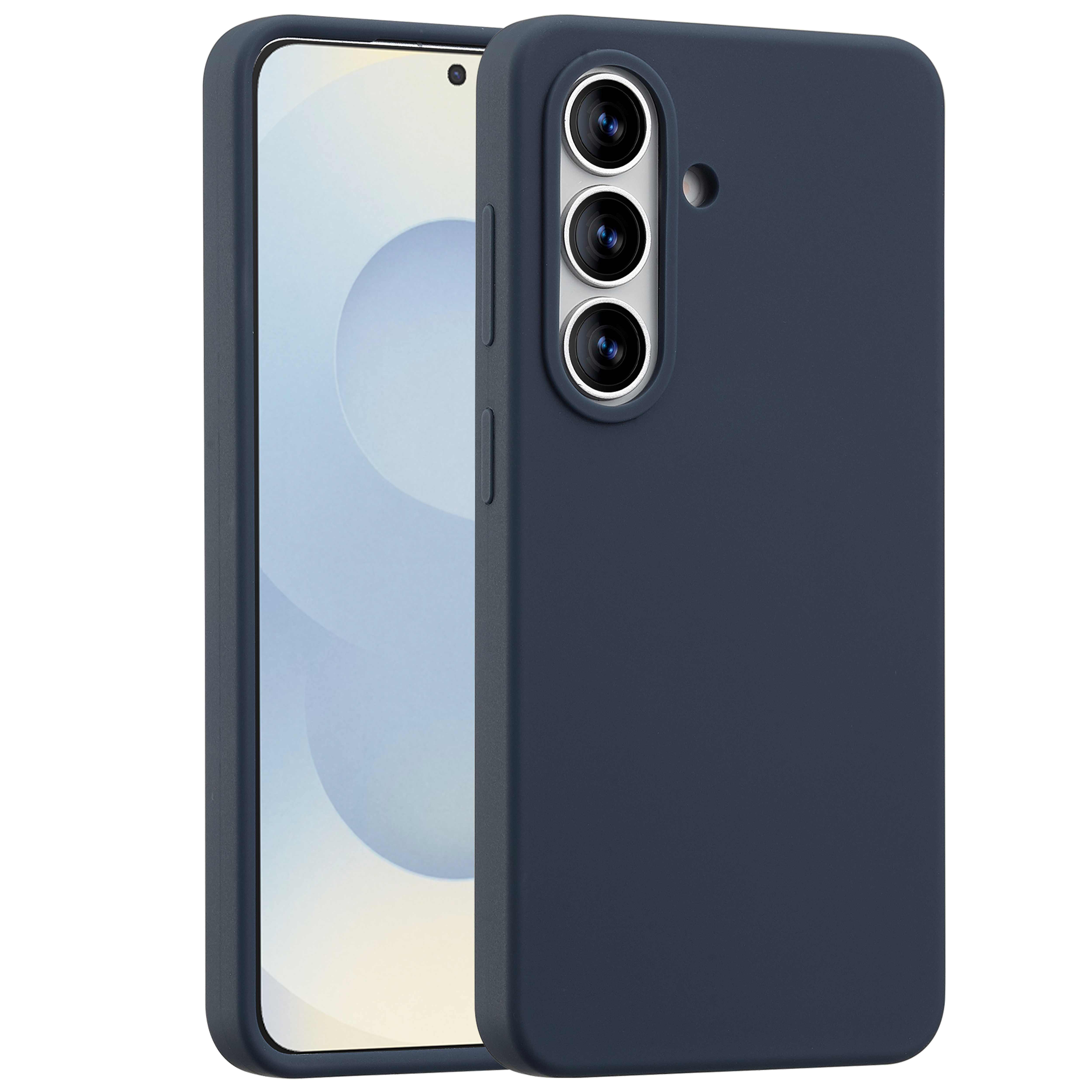 Donkerblauw telefoonhoesje met camera-uitsparing op witte achtergrond.