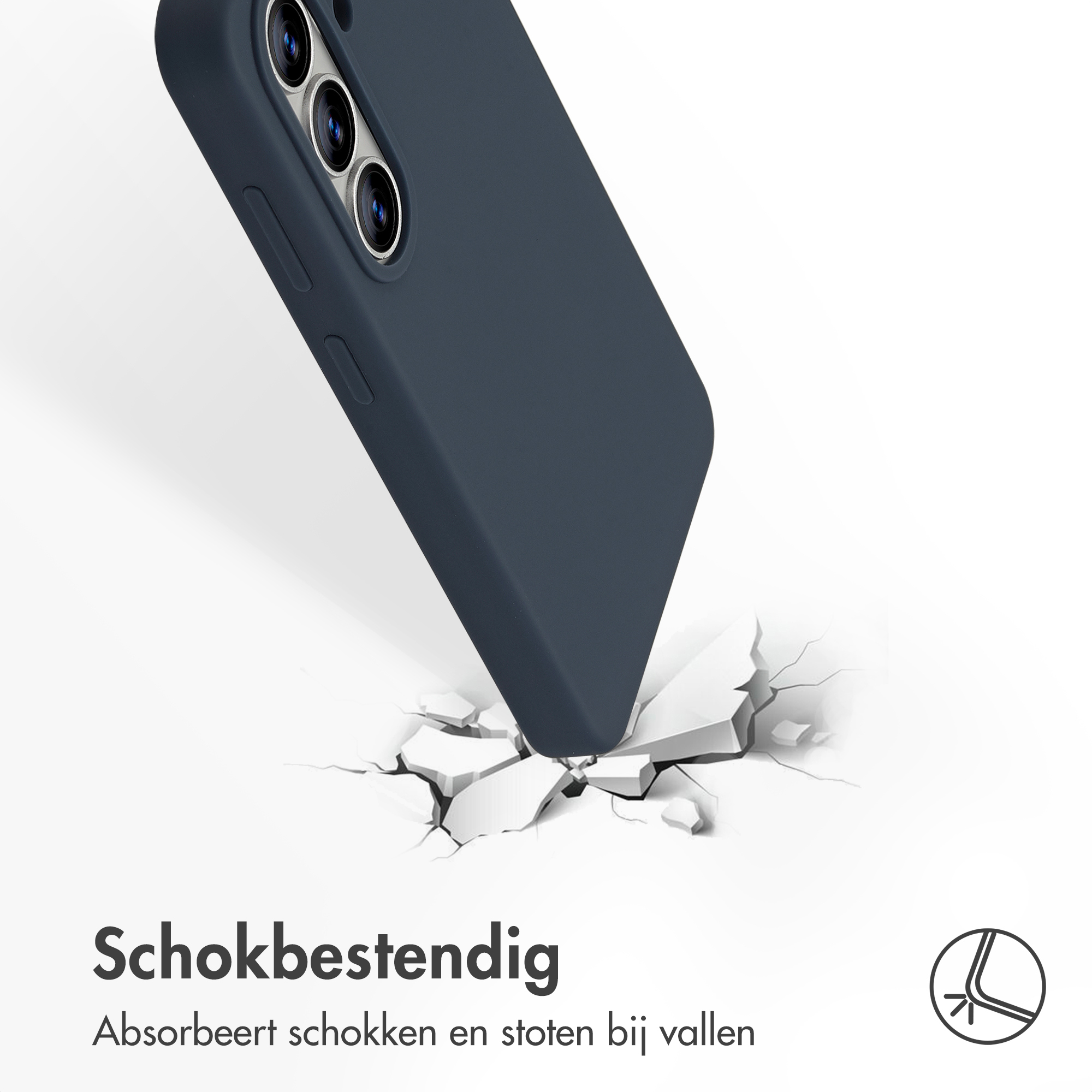 Donkerblauwe telefoonhoes valt op witte ondergrond die breekt.