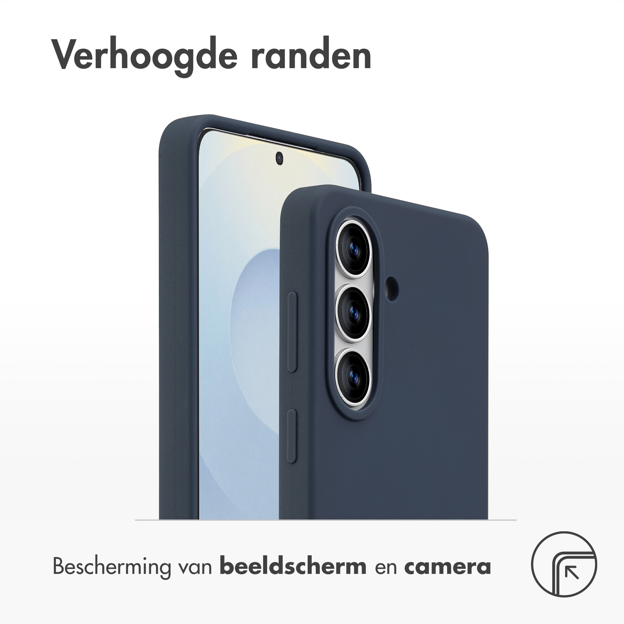 Donkerblauwe telefoonhoes met verhoogde randen voor scherm- en camerabescherming.