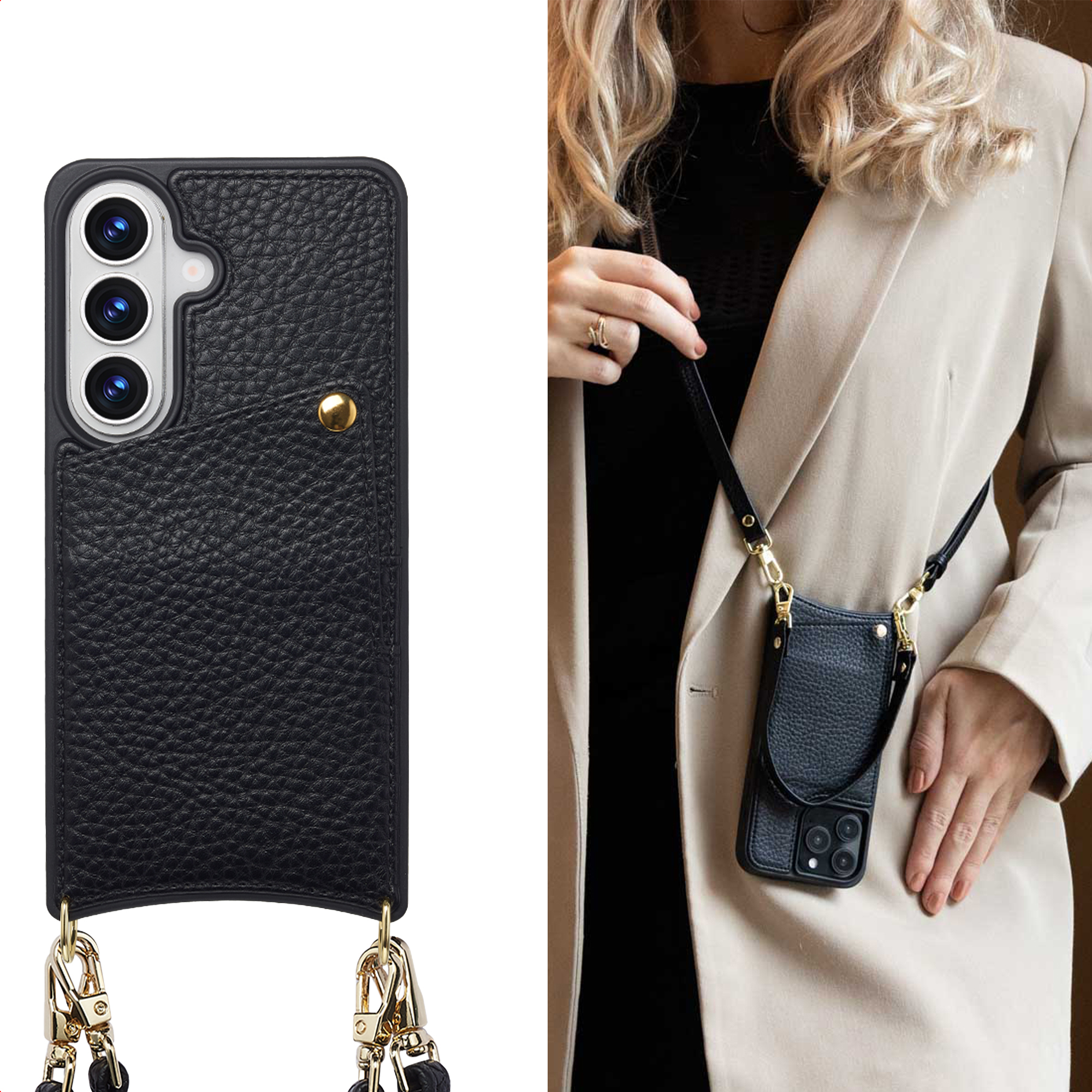 Zwarte leren telefoonhoes met camera-uitsparing en riem, gedragen door persoon.