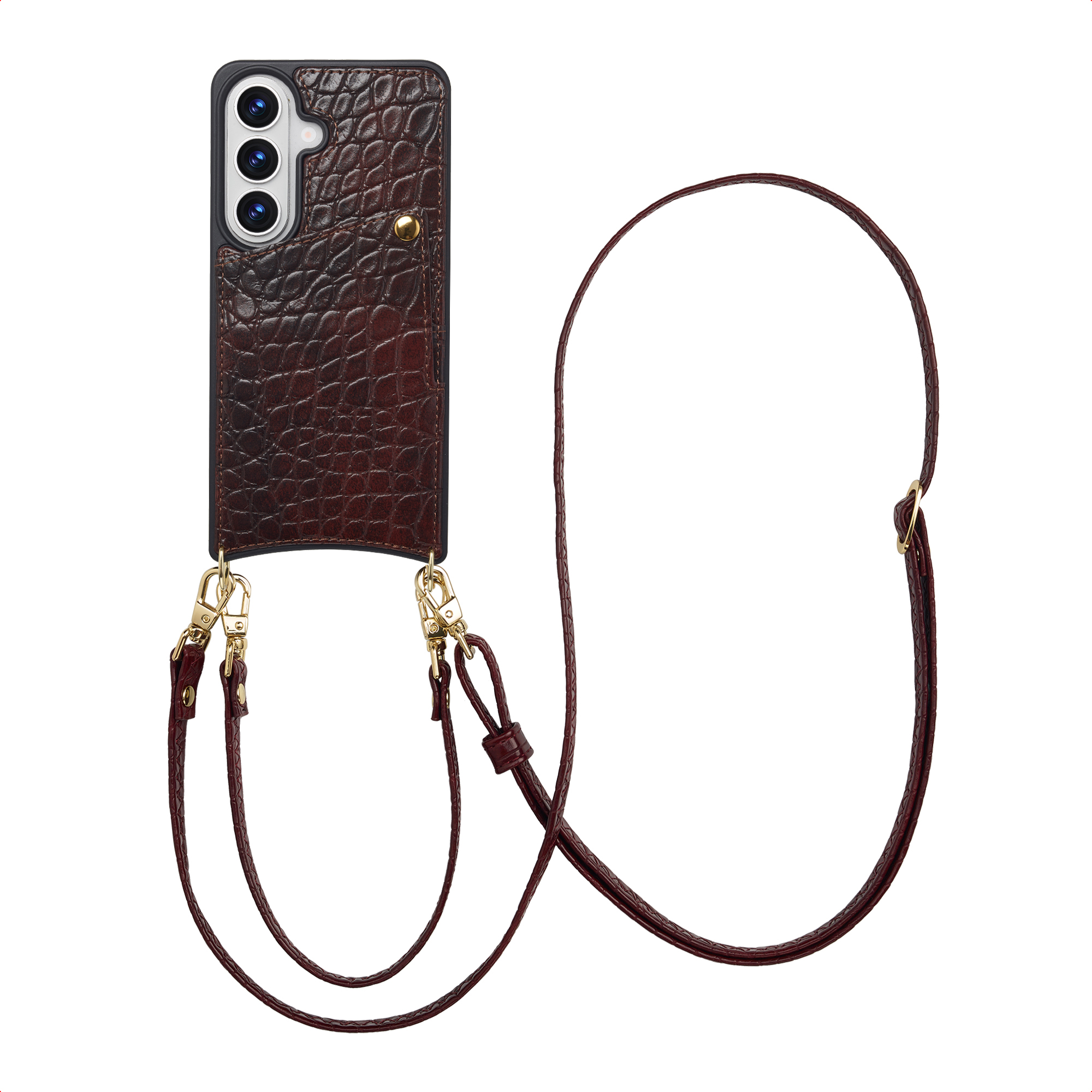 Donkerbruine krokodillenleren telefoonhoes met drie camera's en band.