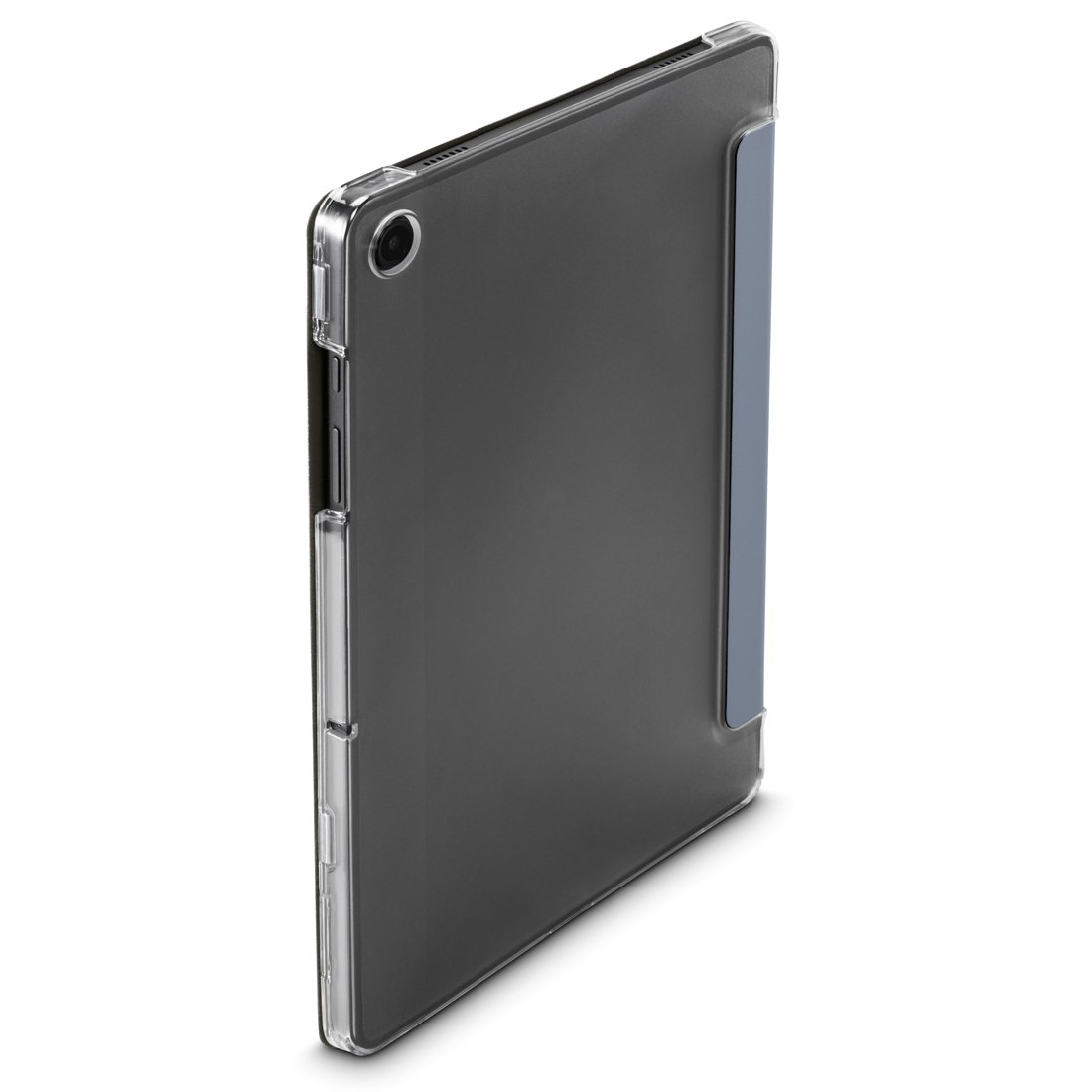 Tył ciemnego tabletu w przezroczystym etui z niebieskim paskiem.