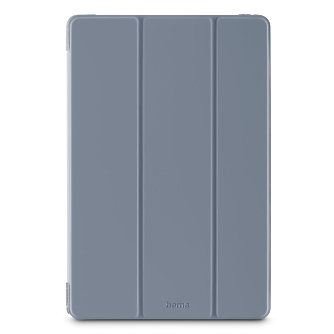 Szara okładka na tablet z trzema liniami zgięcia i logo Hama.