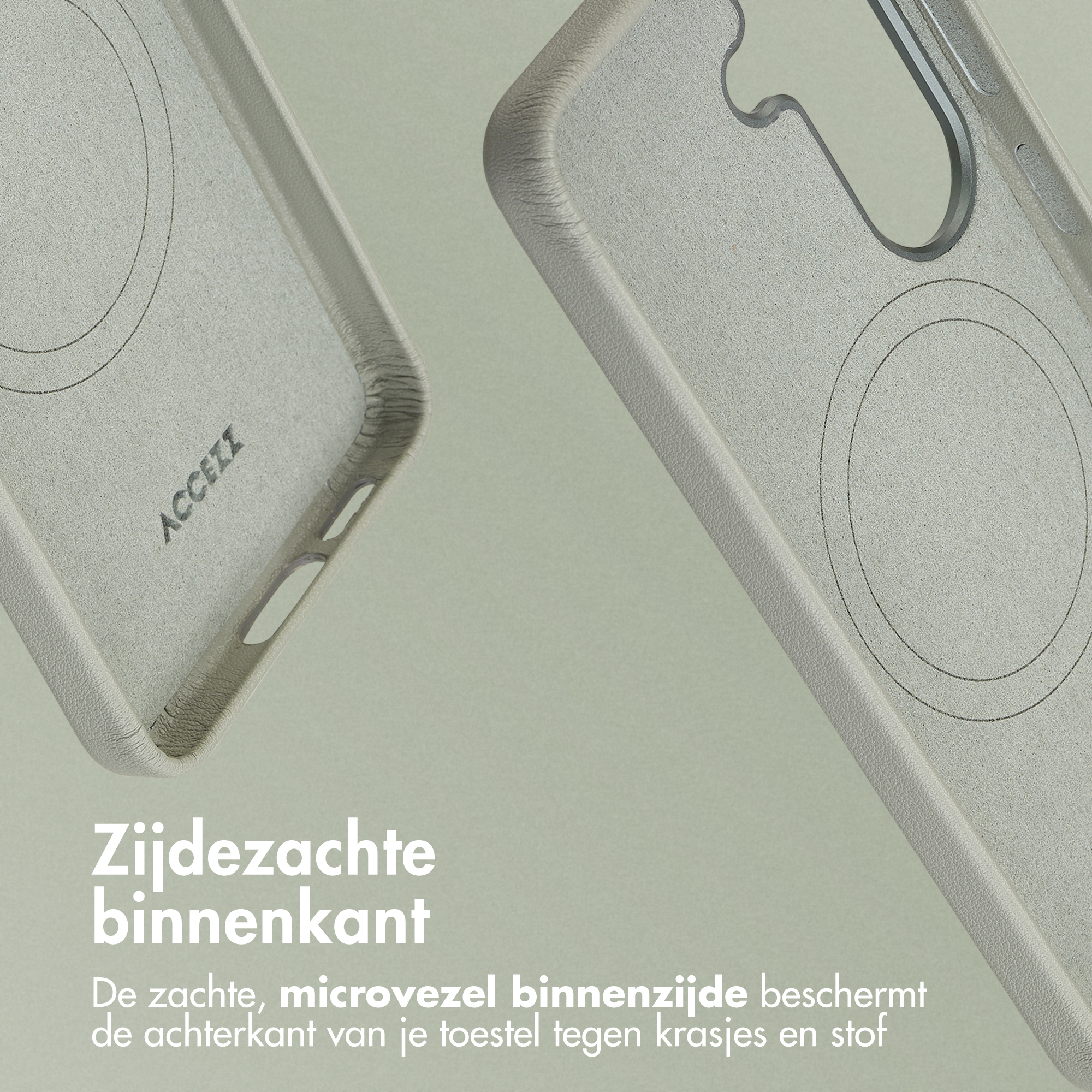 Grijze telefoonhoes met zachte voering en ACCEZZ logo.