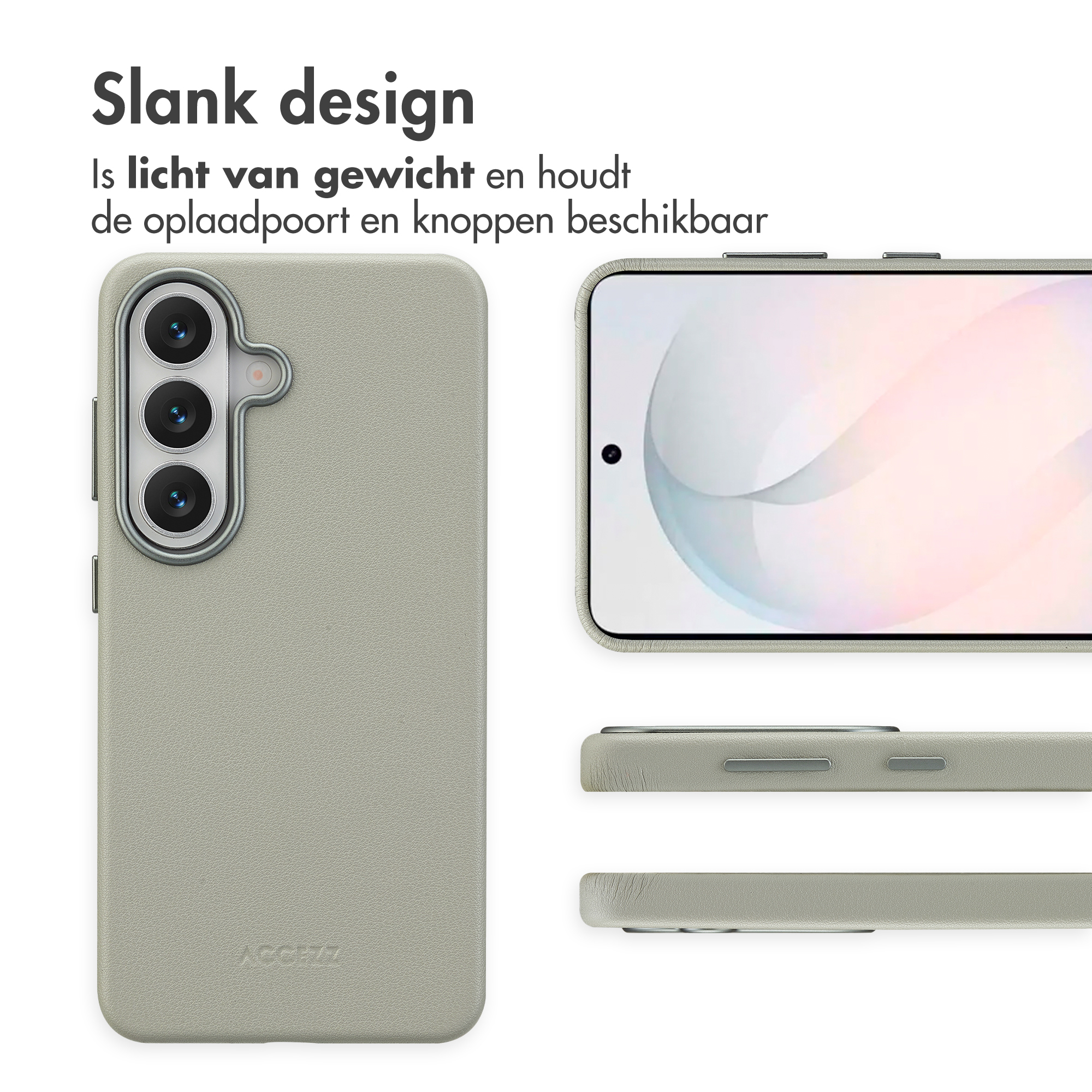 Lichtgrijze telefoonhoes met drie camera's en smartphone-display.