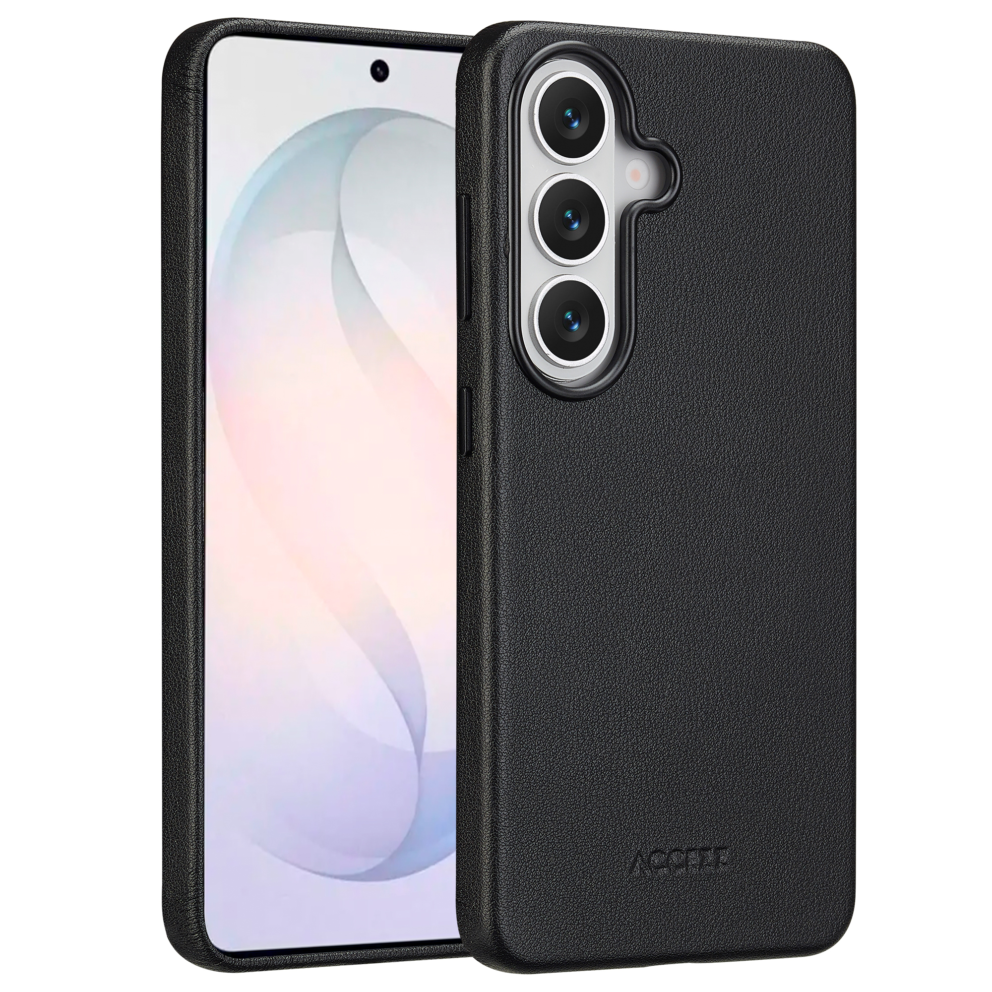 Zwarte telefoonhoes met drie cameralenssen en felle flitser. Gestructureerd.
