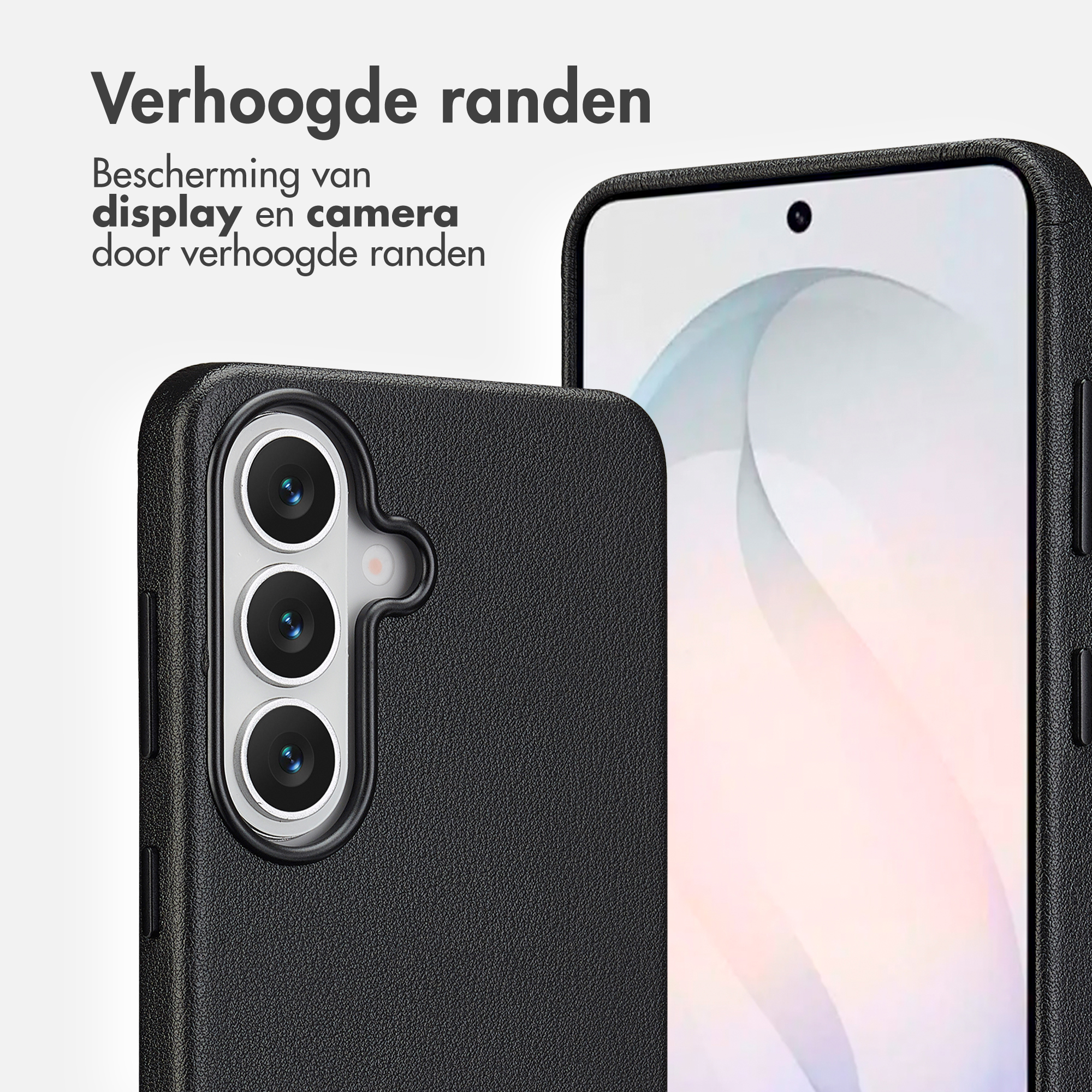 Zwarte telefoonhoes met verhoogde randen voor camera en display.
