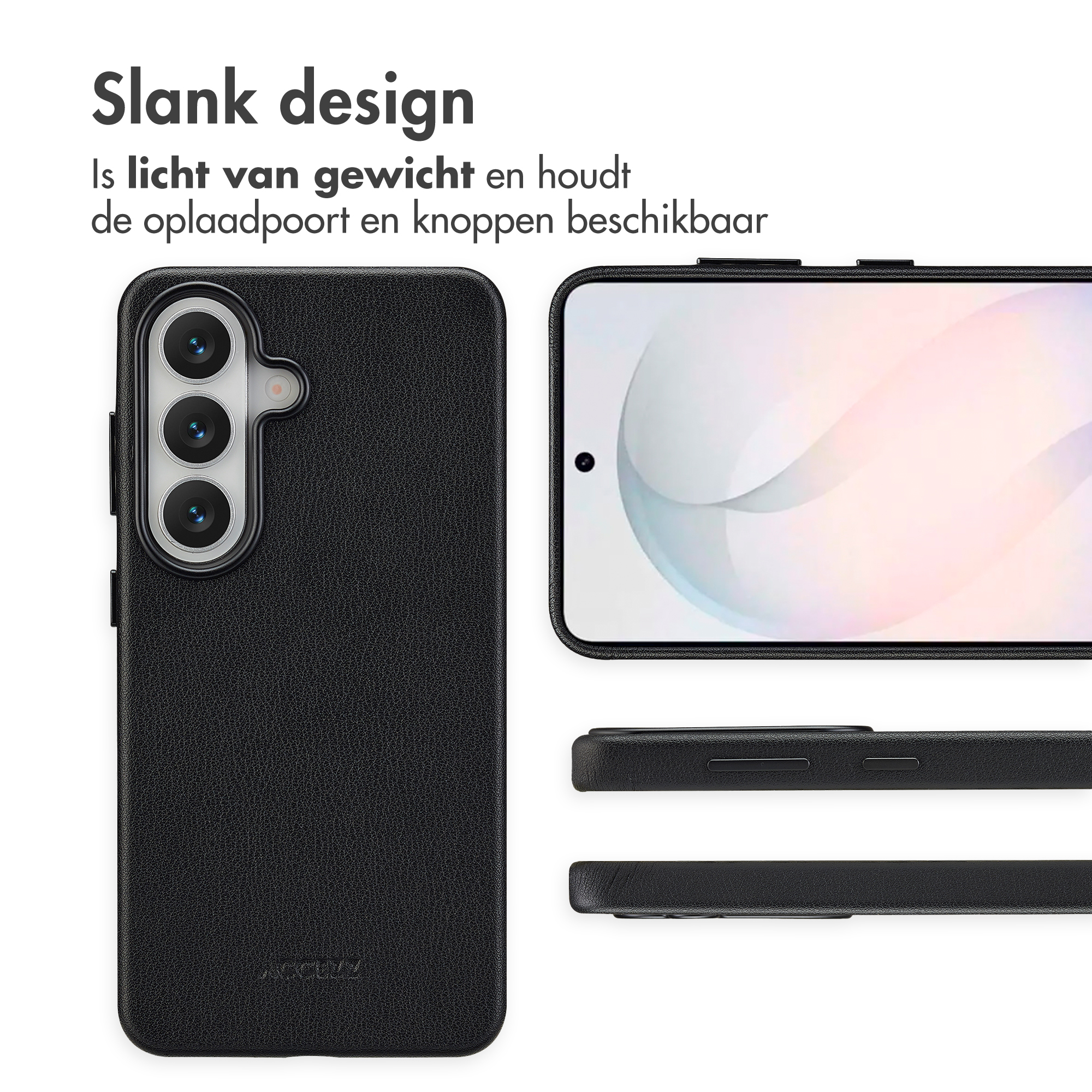 Zwarte telefoonhoes met drie cameralenzen en een display.