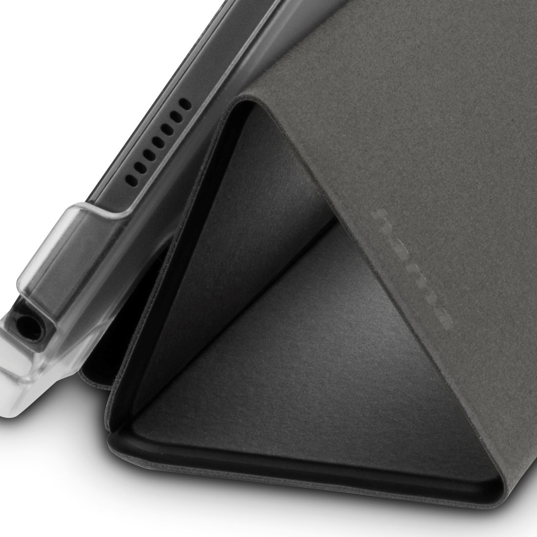 Szara osłona tabletu złożona w trójkąt, z przezroczystą ramką i portami.