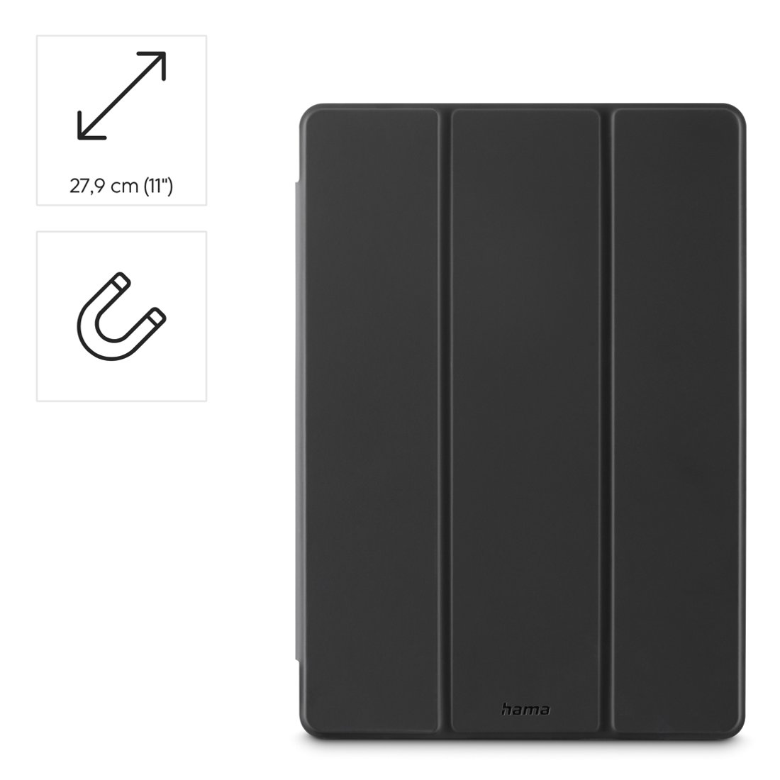 Czarna obudowa tabletu z trzema segmentami składanymi i ikoną magnesu.