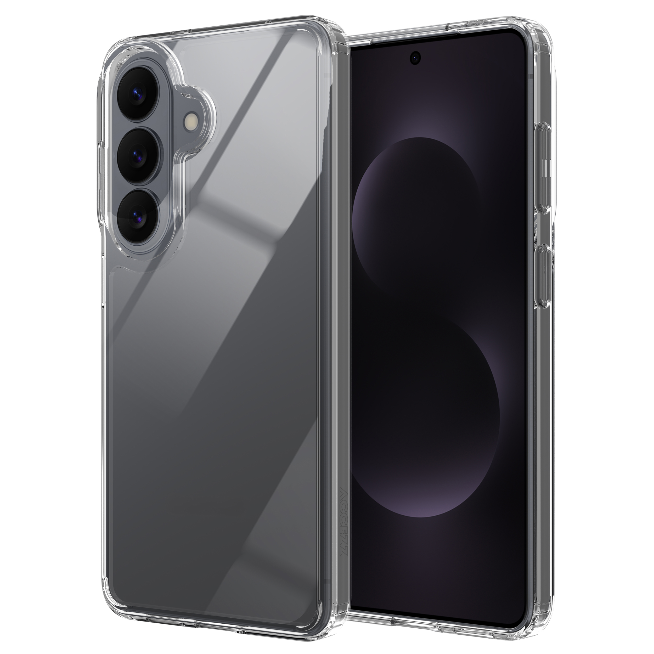 Une coque de téléphone transparente avec un smartphone. Trois appareils photo au dos.