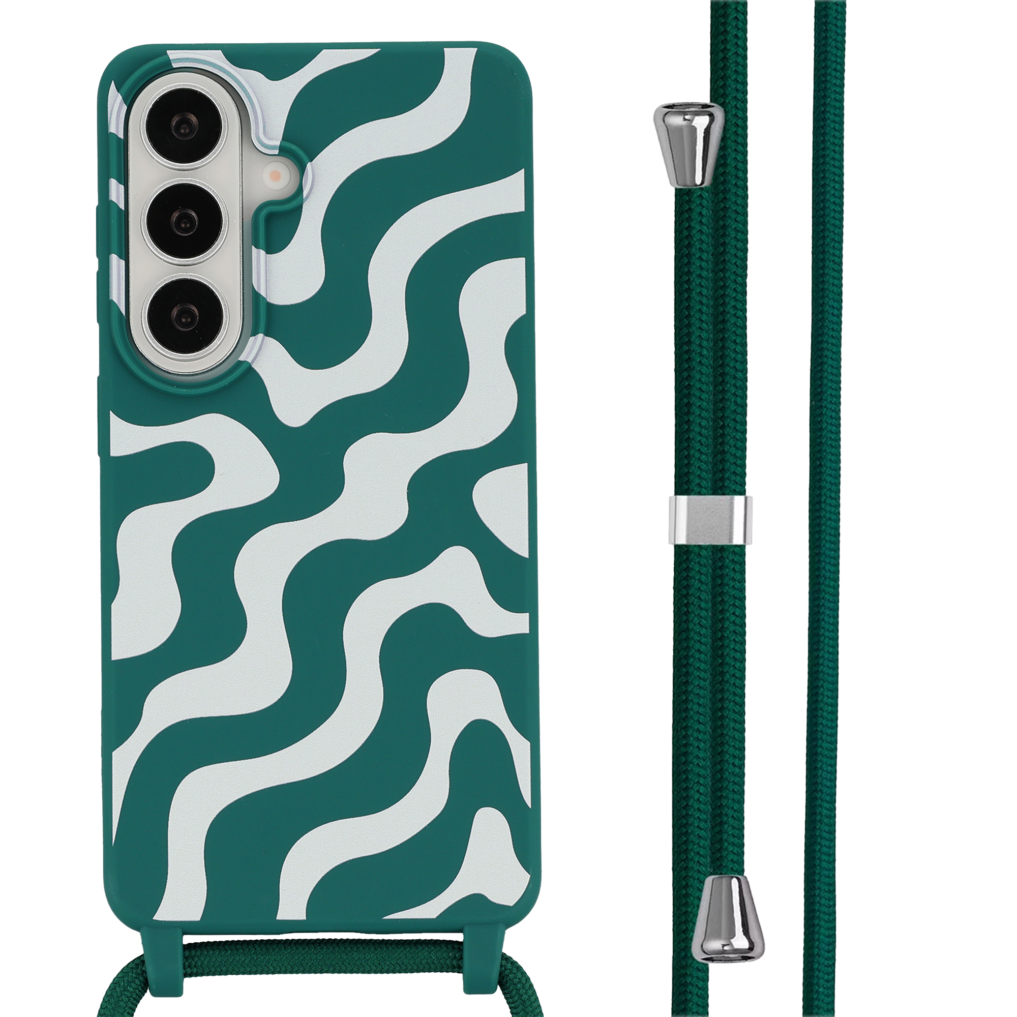 Coque de téléphone verte à motif ondulé blanc et cordon.
