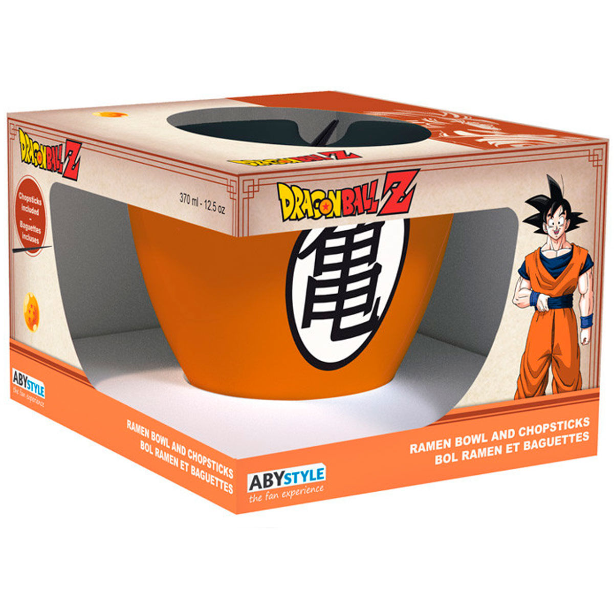 Un empaque de tazón de ramen y palillos Dragon Ball Z con figura de Goku.