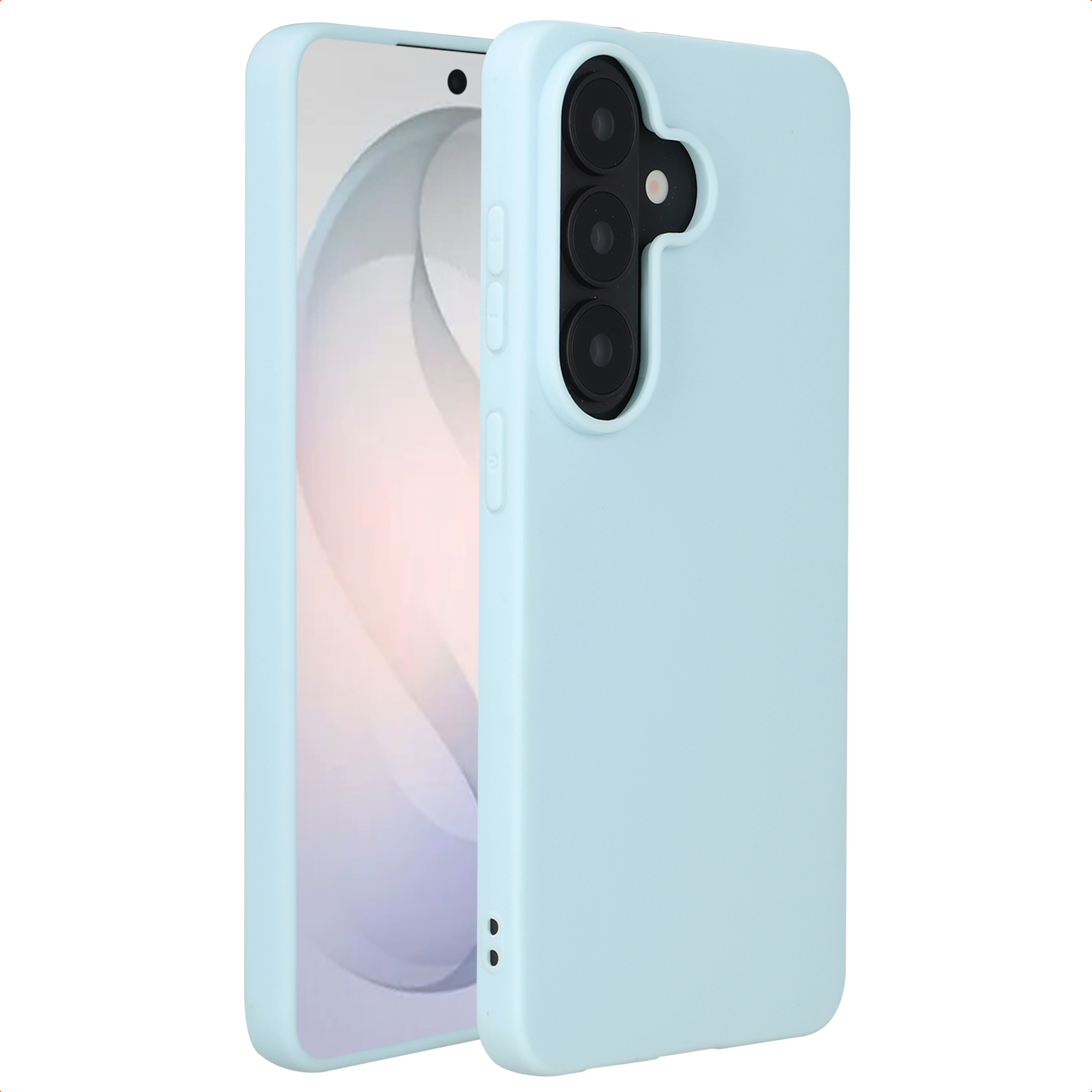 Téléphone bleu clair avec triple appareil photo et étui.