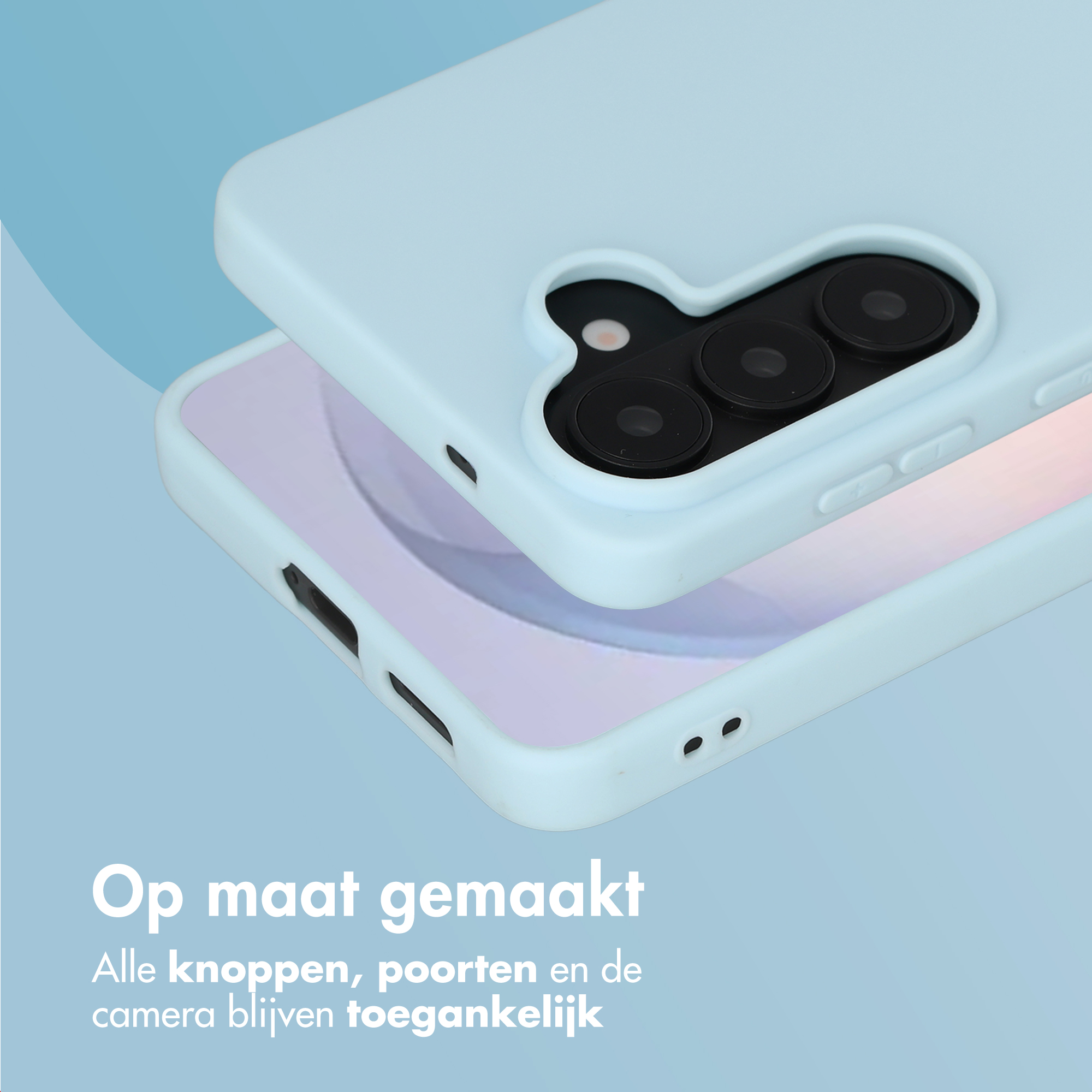 Une coque de téléphone bleu clair sur un téléphone, montrant des objectifs.