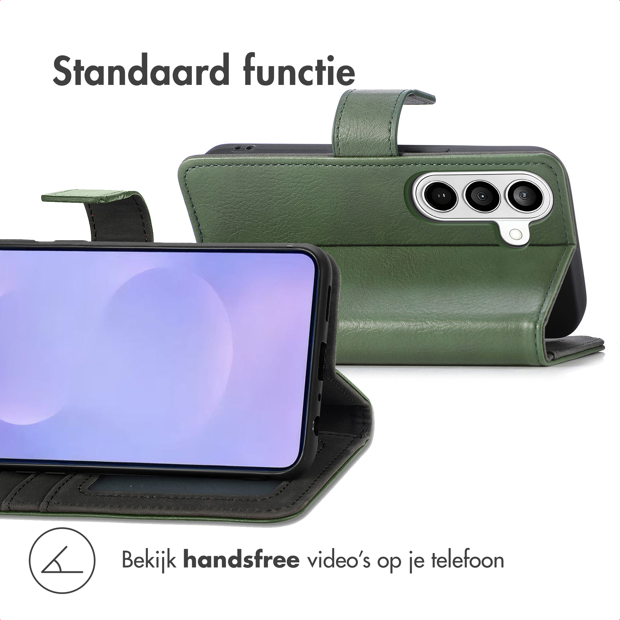 Groene telefoonhoes met standaardfunctie en camera-opening. Toont een smartphone.