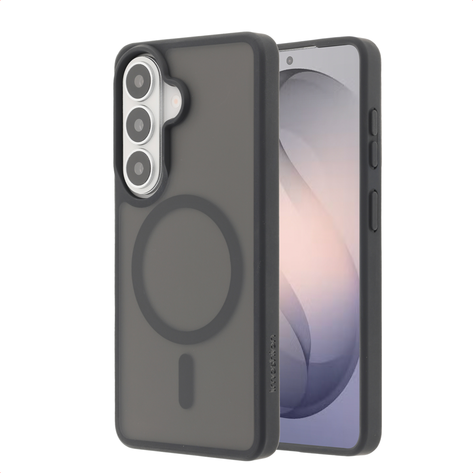 Een rokerige zwarte telefoon met een drievoudige camera aan de achterkant.