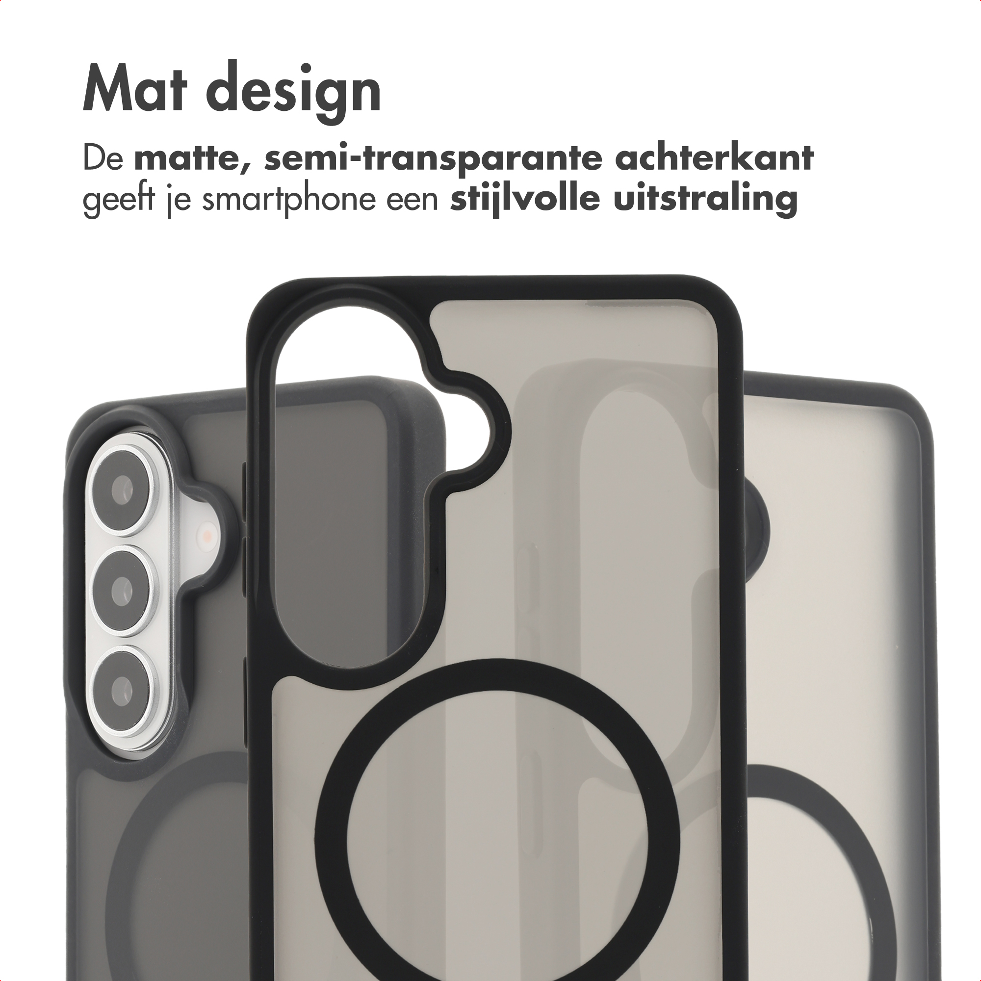 Een matte, semi-transparante telefoonhoes met zwarte rand en camera-uitsparing.