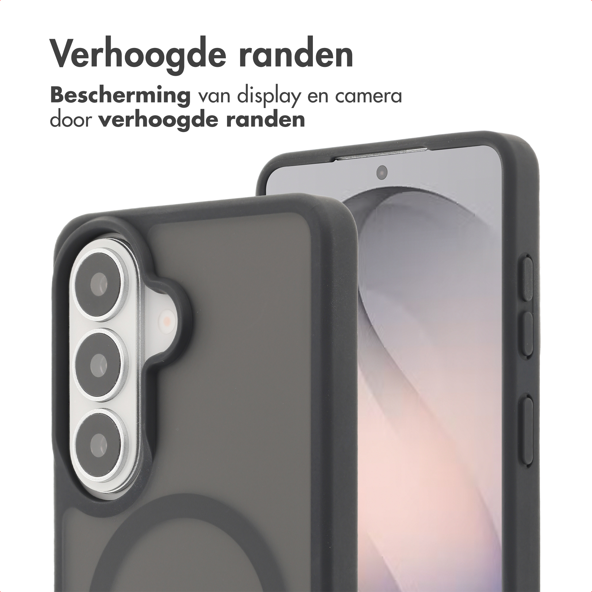 Een donkere telefoon met verhoogde randen beschermt display en camera's.