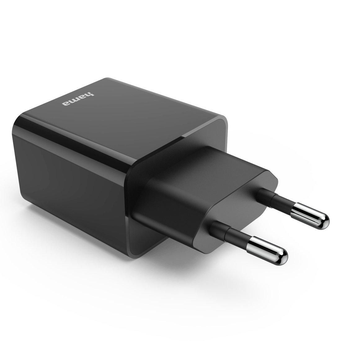 Czarna ładowarka Hama z dwoma srebrnymi bolcami na białym tle.