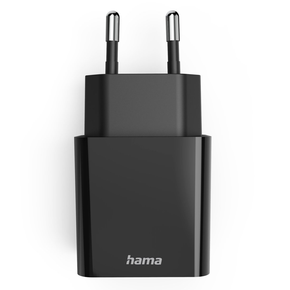 Czarny zasilacz Hama z dwoma srebrnymi bolcami.