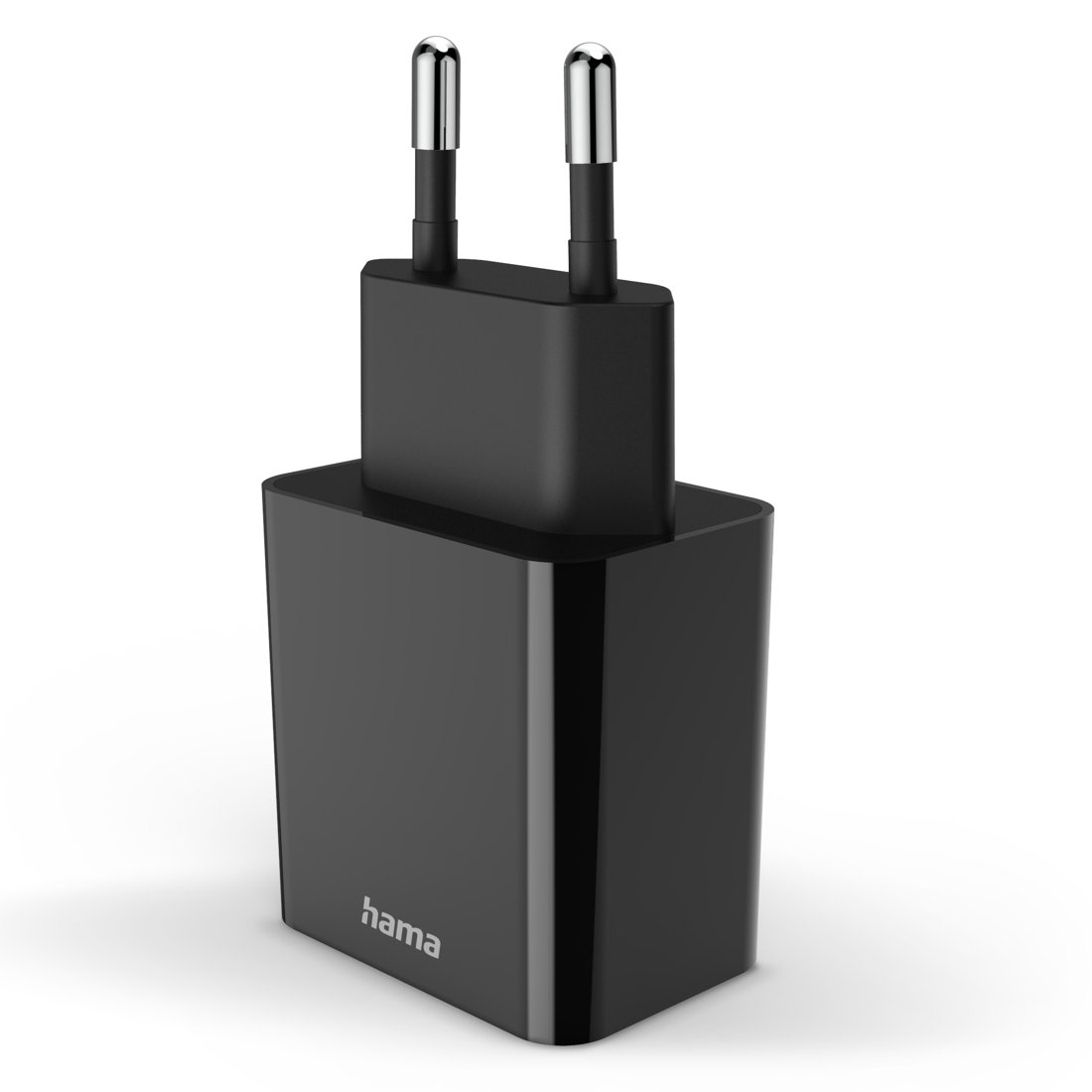 Czarna ładowarka Hama z dwoma srebrnymi bolcami na białym tle.