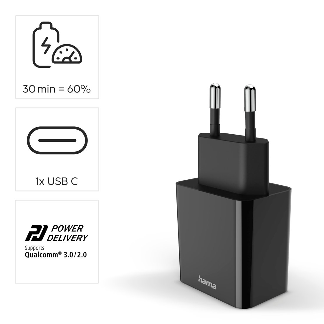 Czarna ładowarka Hama USB-C, 30 min=60% naładowania, Power Delivery.