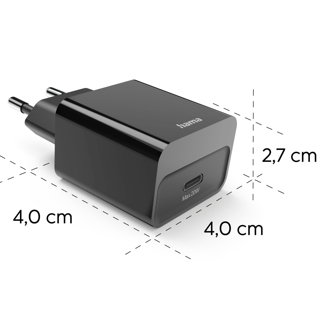 Czarna ładowarka Hama z portem USB-C, 20W, wymiary 4x4x2,7cm.