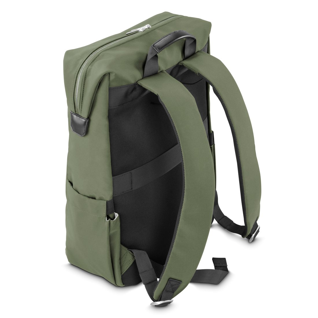 Oliwkowozielony plecak z czarnymi paskami i skórzanymi detalami, pokazany od tyłu.