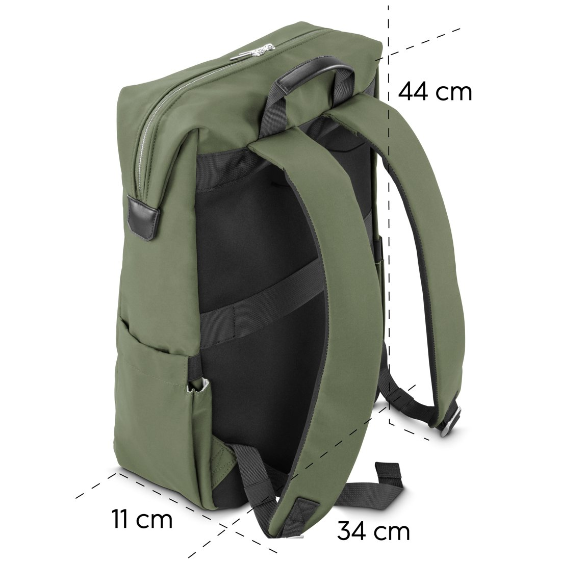 Zielony plecak z czarnymi paskami, wymiary 44x34x11 cm.