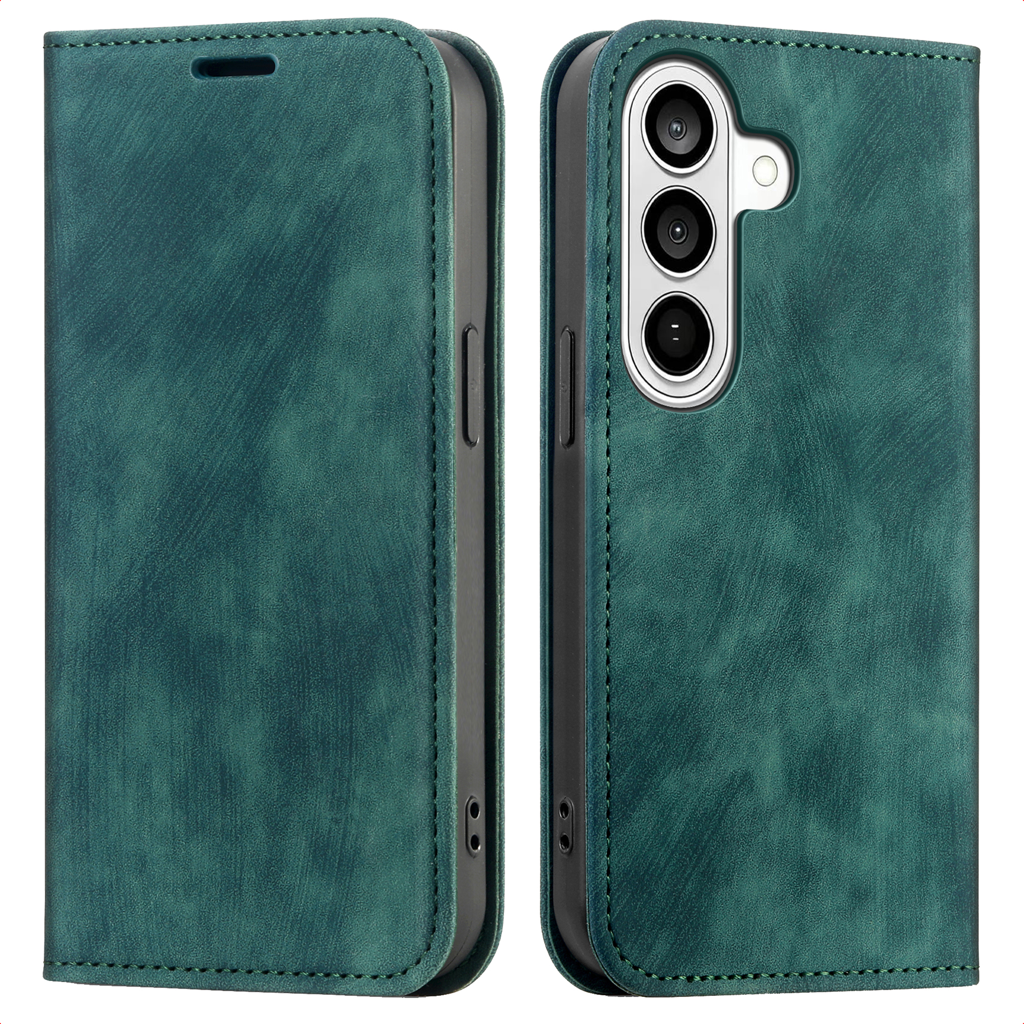 Étui de téléphone vert, montré fermé et ouvert, avec découpes pour appareil photo.