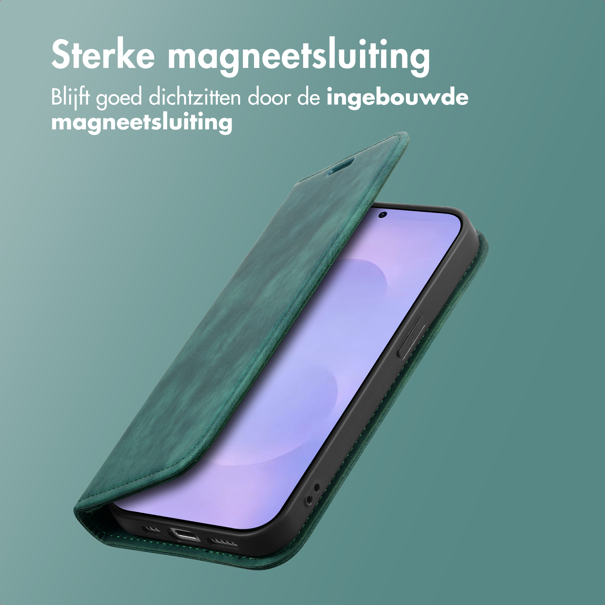 Coque de téléphone verte avec fermeture magnétique et écran ouvert.