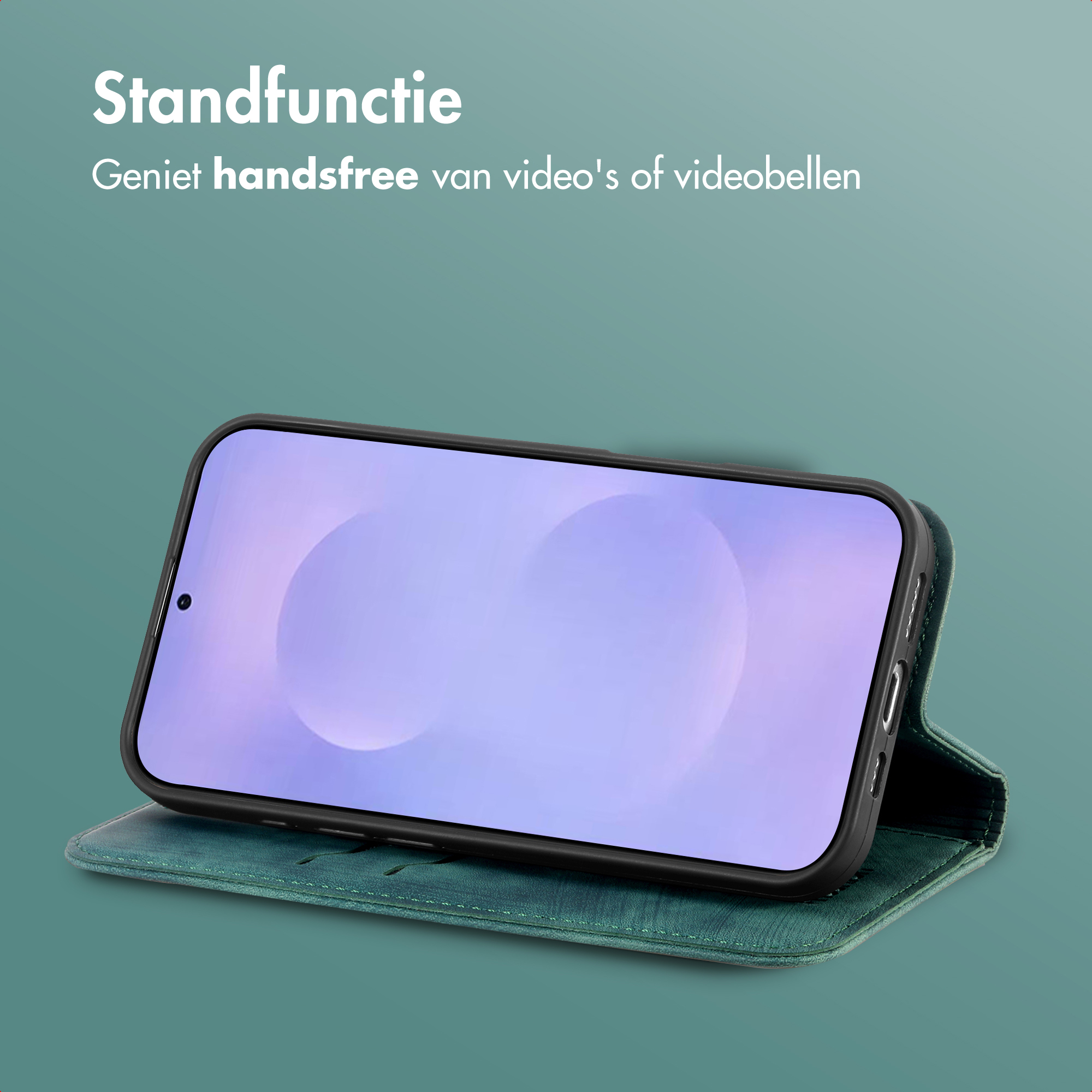 Un smartphone dans un étui vert avec fonction support.
