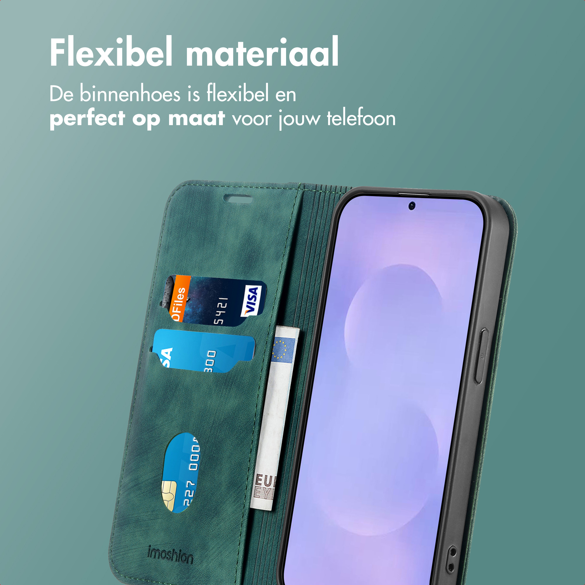 Étui de téléphone vert avec fentes pour cartes et poche à billets.