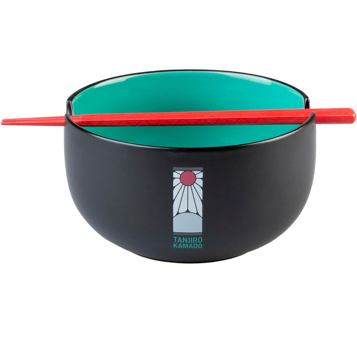 Cuenco negro con interior turquesa y palillos rojos con logo de Tanjiro Kamado.