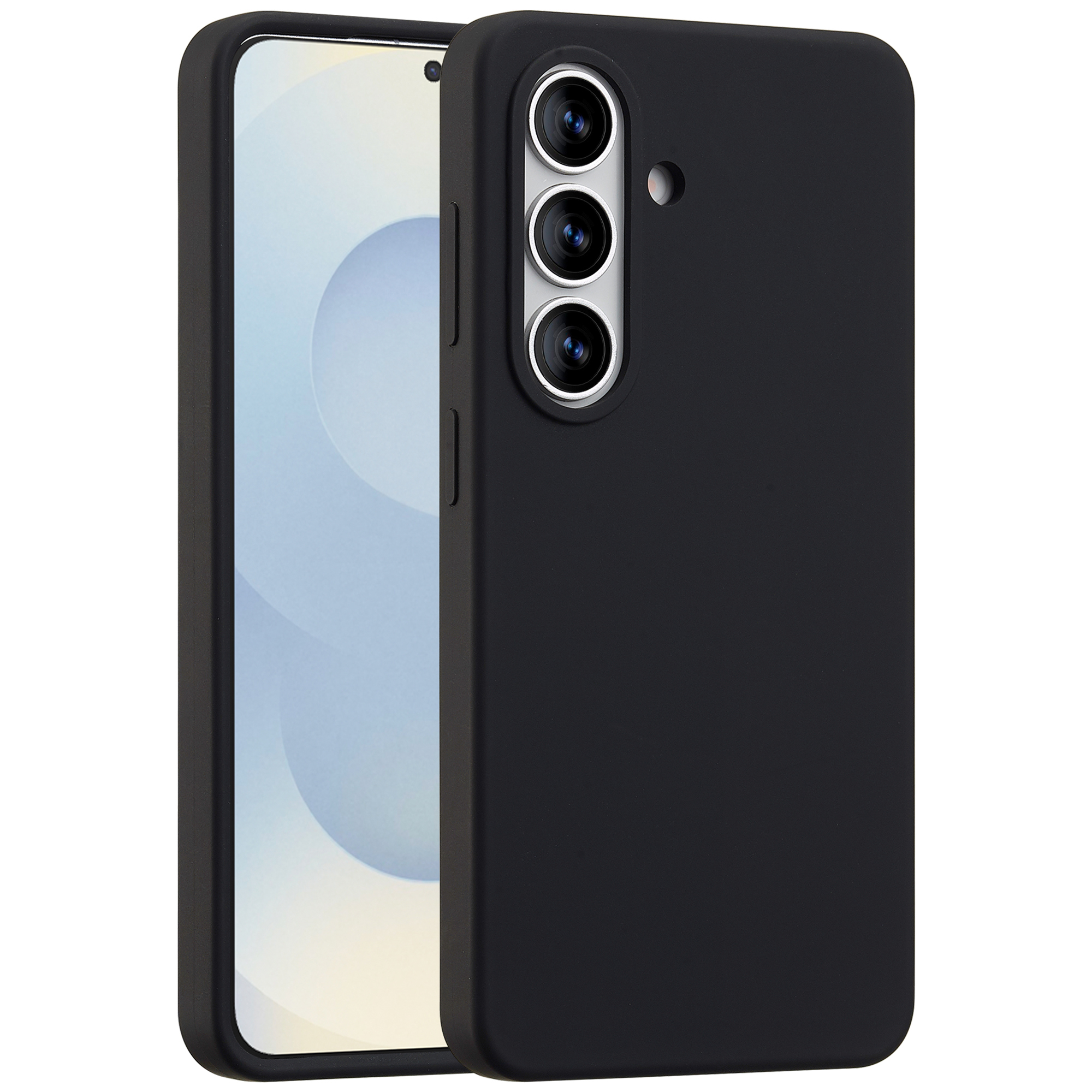 Zwarte telefoonhoes met drie cameralenzen aan de achterkant.